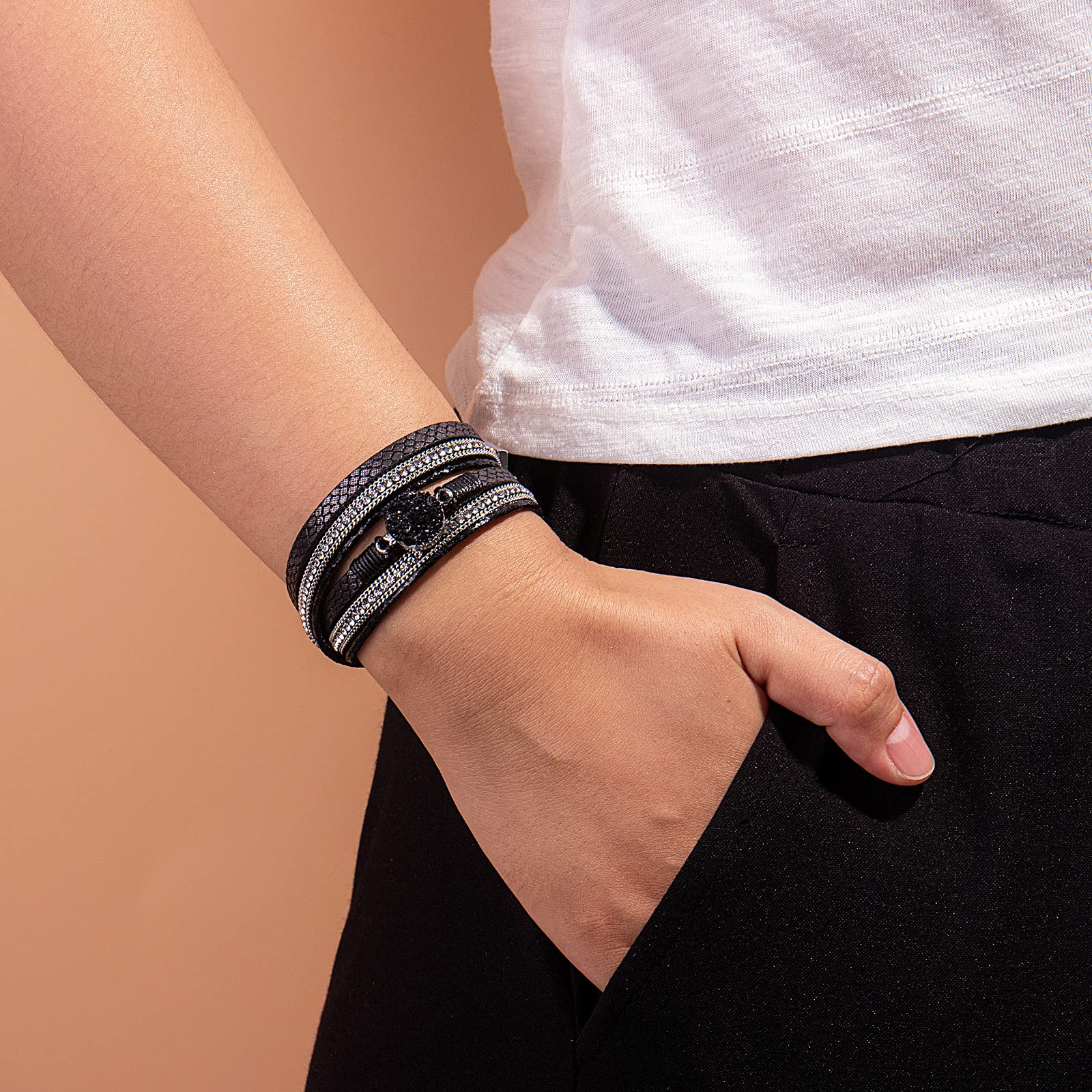 Stylish Boho Wrap Bracelets for Women - Handmade Leather Cuff Bracelet with Resin Stone & Secure Clasp | Bohemian Jewelry for Everyday Wear, Festivals & Layering
