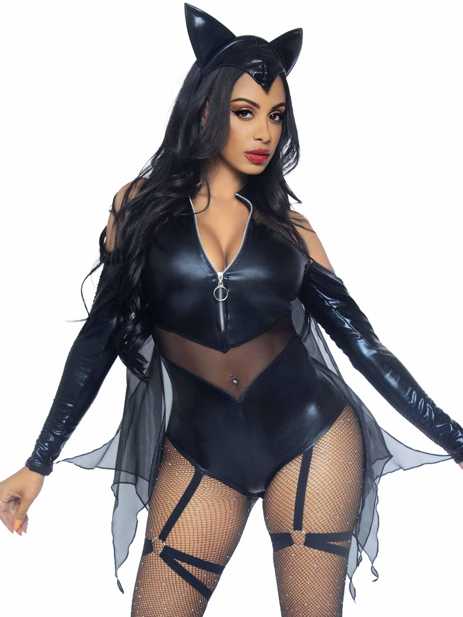 Leg Avenue Women's 2-Piece Midnight Bat Costume Set with Attached Wings & Headband - Sexy Halloween Cosplay Outfit for Parties, Dress-Up & Themed Events