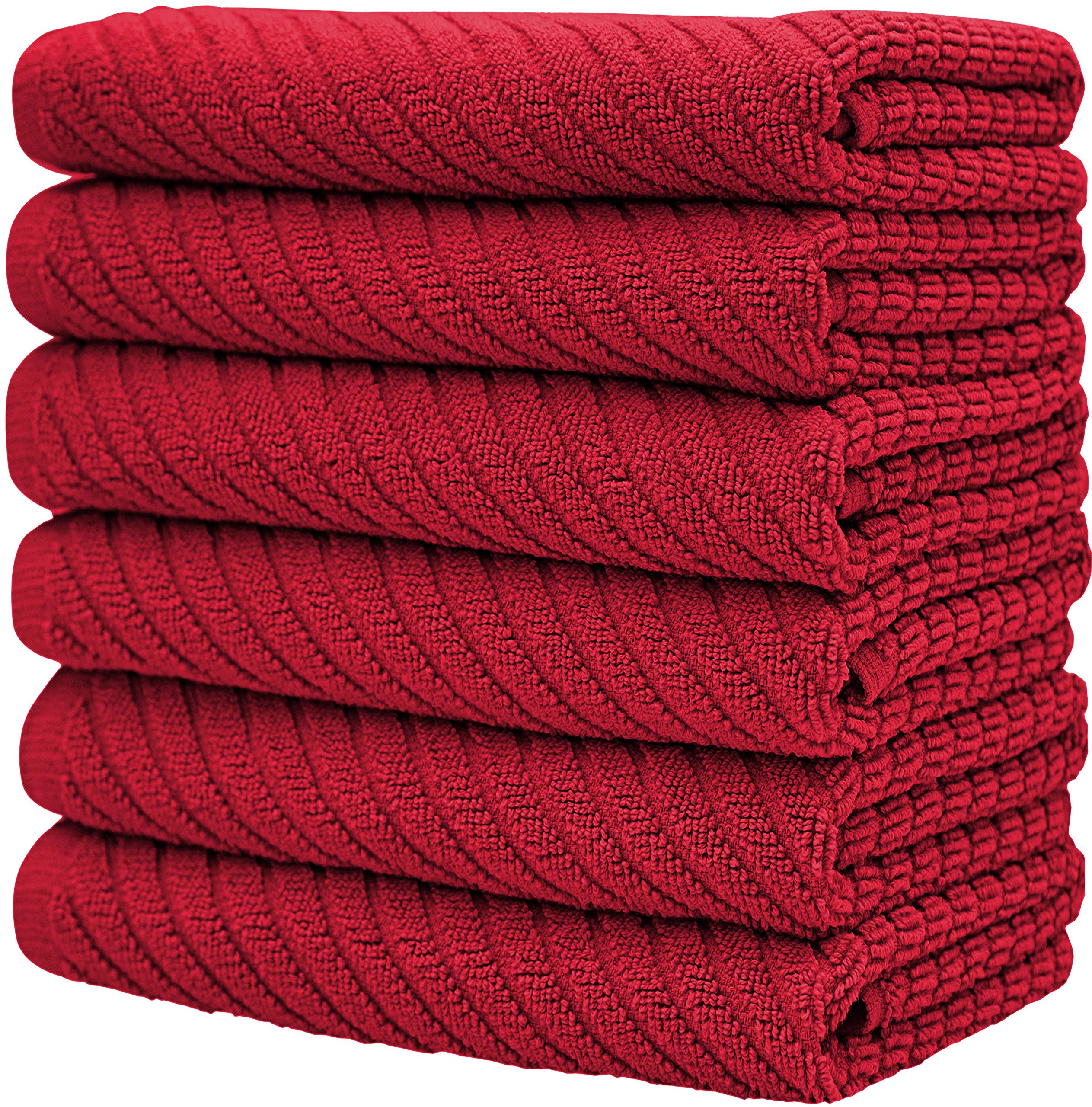 Premium Cotton Kitchen Towels Set of 6 (16”x 25”) - Ultra Absorbent 445 GSM Dish Towels with Diagonal Weave Design & Hanging Loop - Perfect for Cooking, Cleaning, Drying Dishes - Red