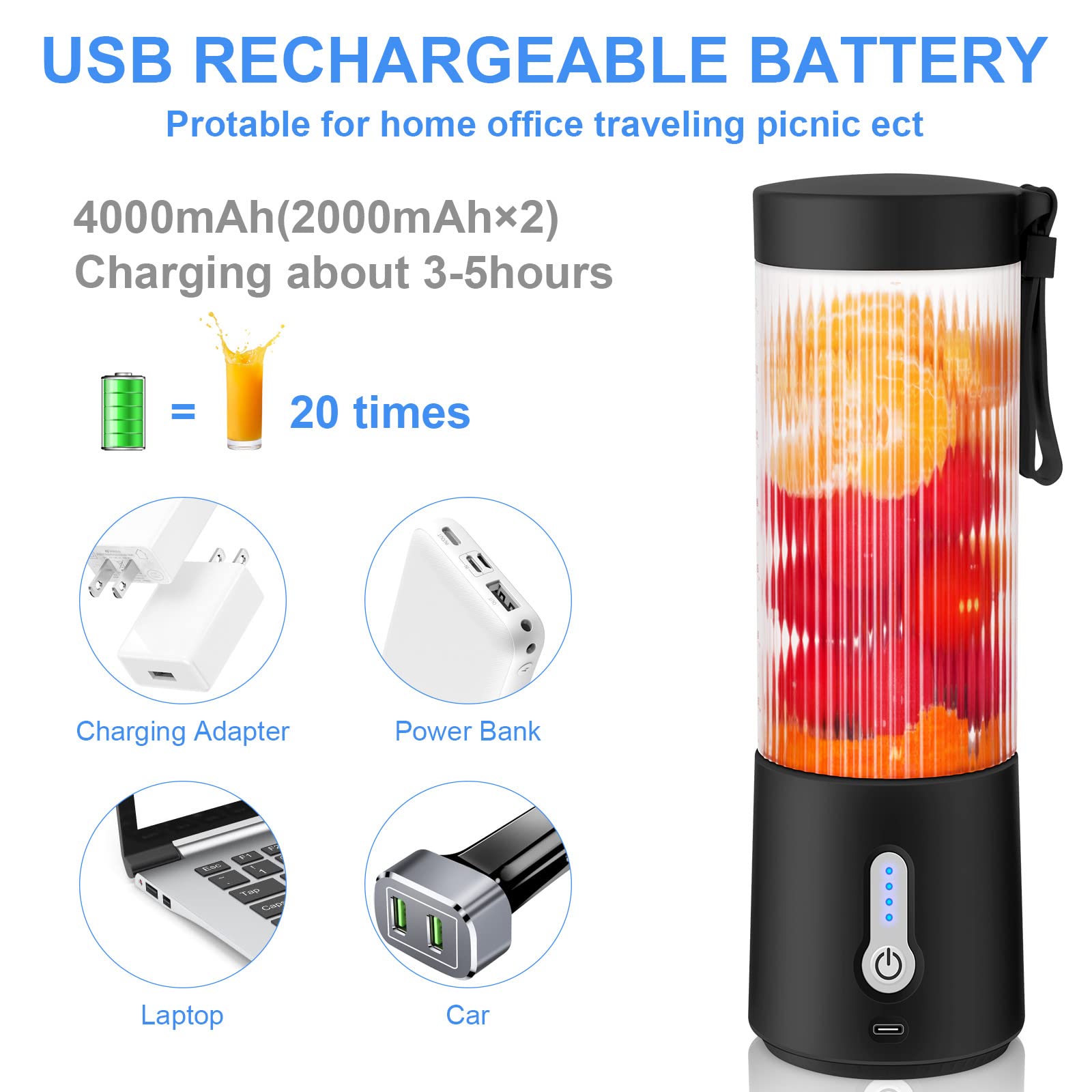 Portable Personal Blender - 15.2Oz USB Rechargeable Smoothie Maker with 6 Stainless Steel Blades, BPA-Free Mini Blender for Protein Shakes, Juices & Smoothies | Perfect for Travel, Gym, Office & Outdoor Activities