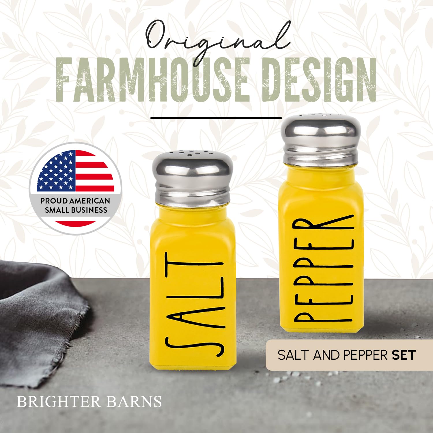 Brighter Barns Yellow Salt and Pepper Shakers Set - Glass Farmhouse Kitchen Decor with Stainless Steel Lids - Perfect for Home, Restaurants & Wedding Gifts - Cute Tabletop Accessories for Dining, Cooking and Entertaining