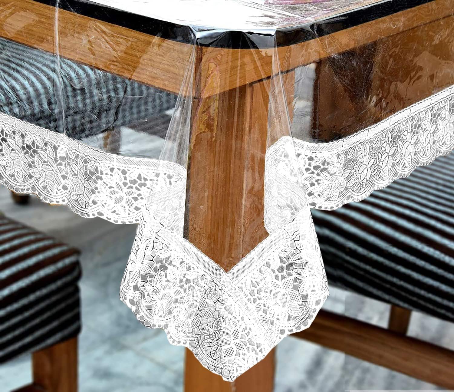 Kuber Industries 70x45 Inch Waterproof White Lace Transparent Dining Table Cover - Fits 4 Seater Tables, Elegant Tablecloth for Restaurants, Weddings & Home Decor