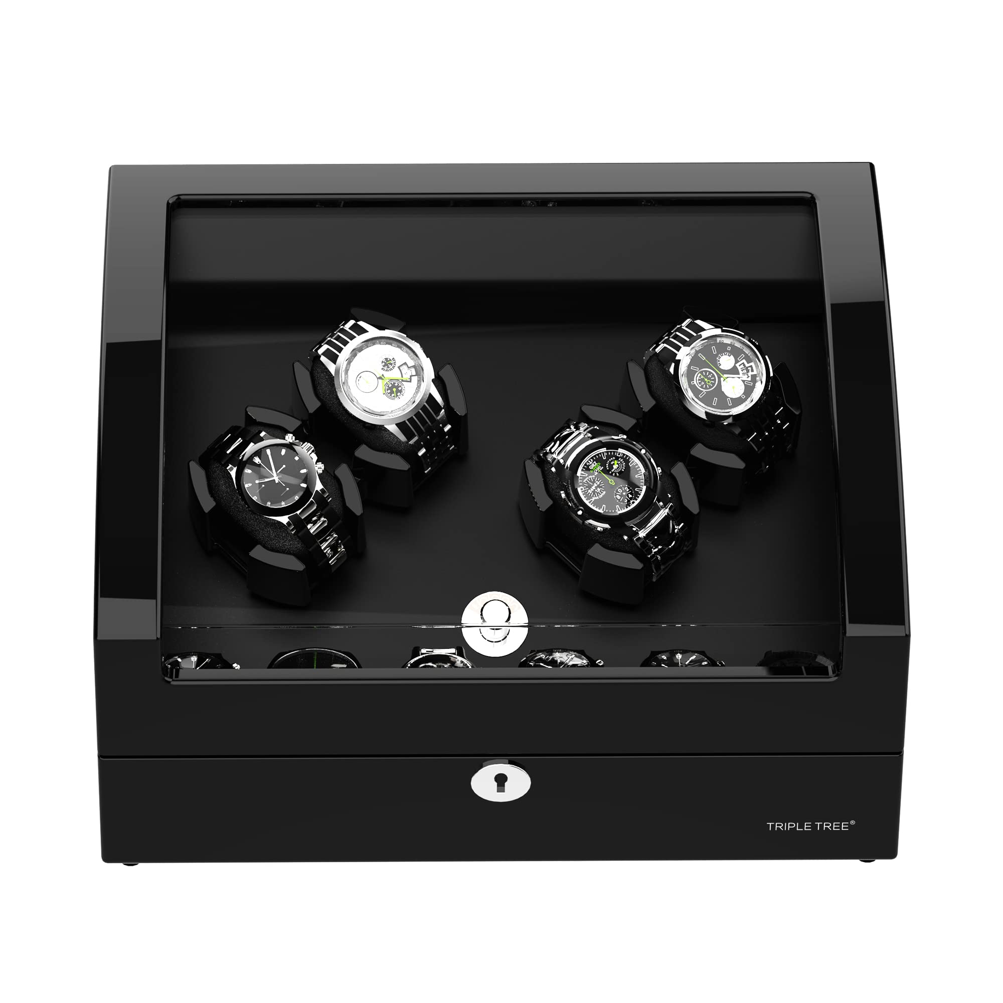 Premium Watch Winder for 4 Automatic Watches - 6 Extra Storage Slots, Elegant Wooden Piano Finish, Ultra-Quiet Motor & Adjustable Watch Pillows (Triple Tree) - Perfect for Watch Collectors, Luxury Storage & Display