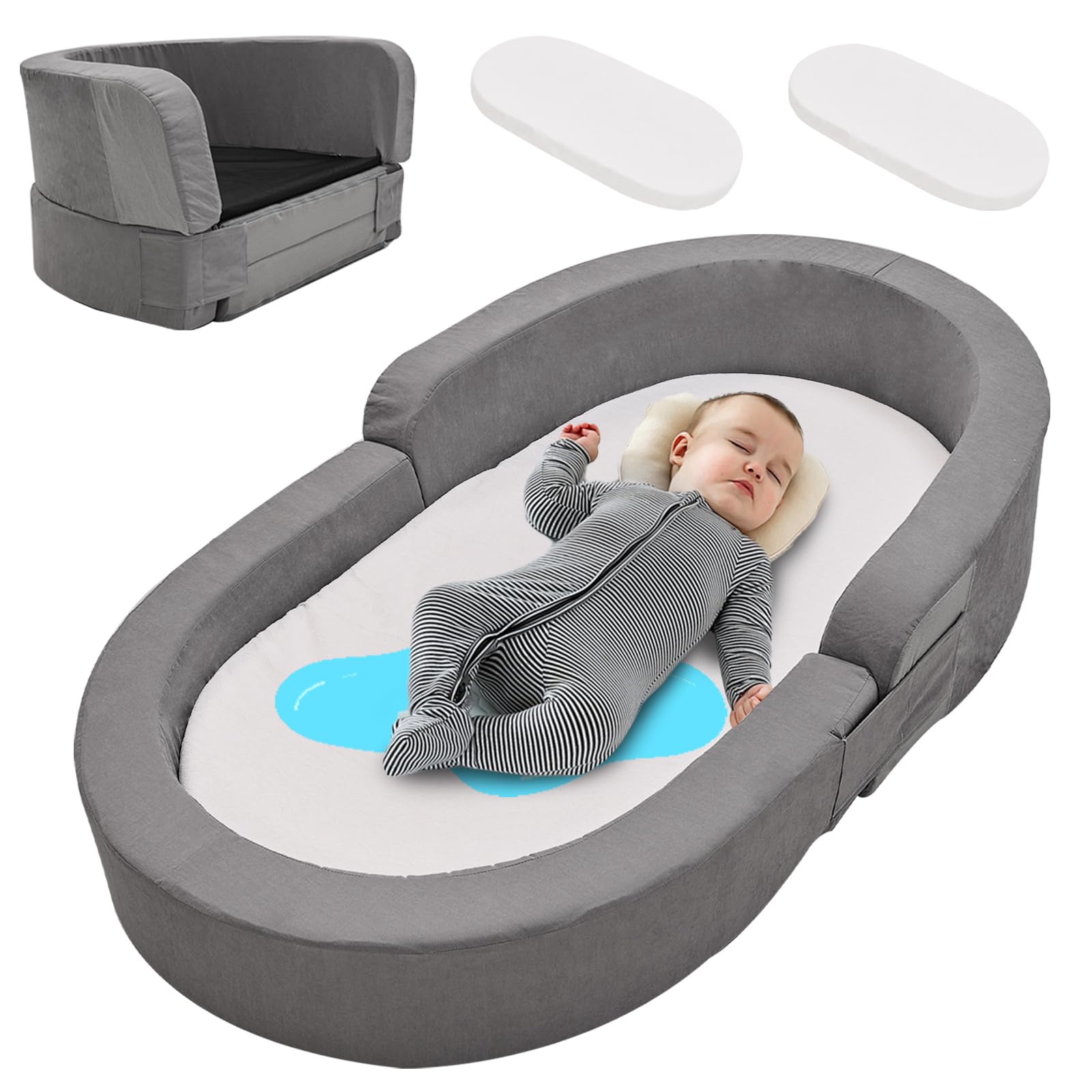 SUNYRISY 2-in-1 Portable Toddler Travel Bed & Floor Bed - Foldable Kids Camping Cot with 2 Waterproof Mattress Covers - Perfect for Travel, Home, Daycare & Outdoor Adventures