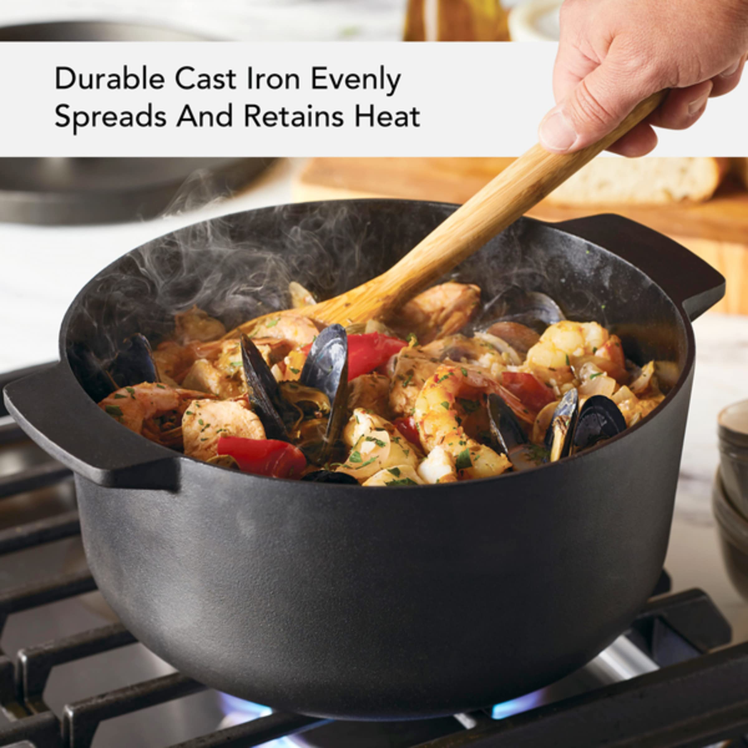 KitchenAid 6 Quart Seasoned Cast Iron Dutch Oven - Black Enameled Pot for Braising, Stewing & Baking | Perfect for Soups, Bread & Camping Meals