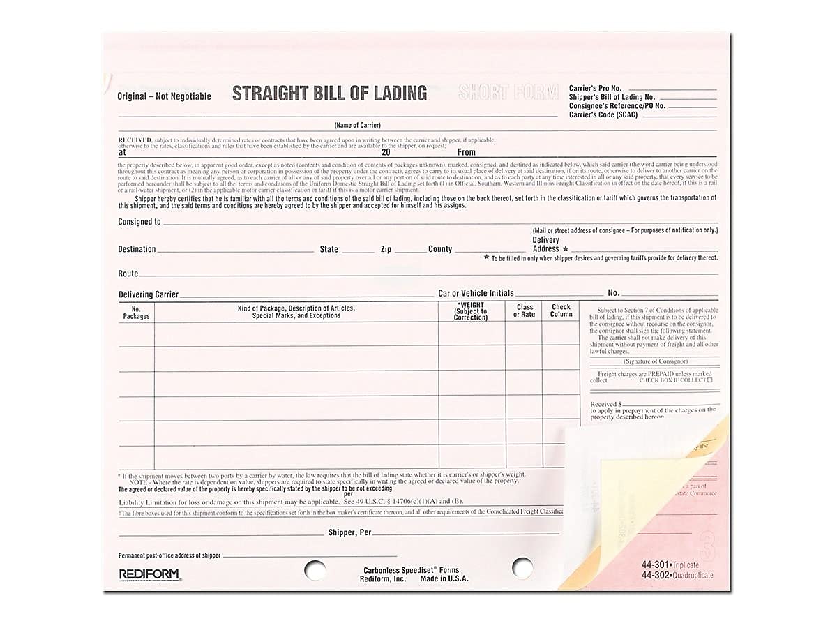 Rediform Snap-A-Way Bill of Lading Forms - 3-Part Carbonless, 7 x 8.5 Inches, Pack of 250 - Perfect for Shipping, Logistics & Inventory Management