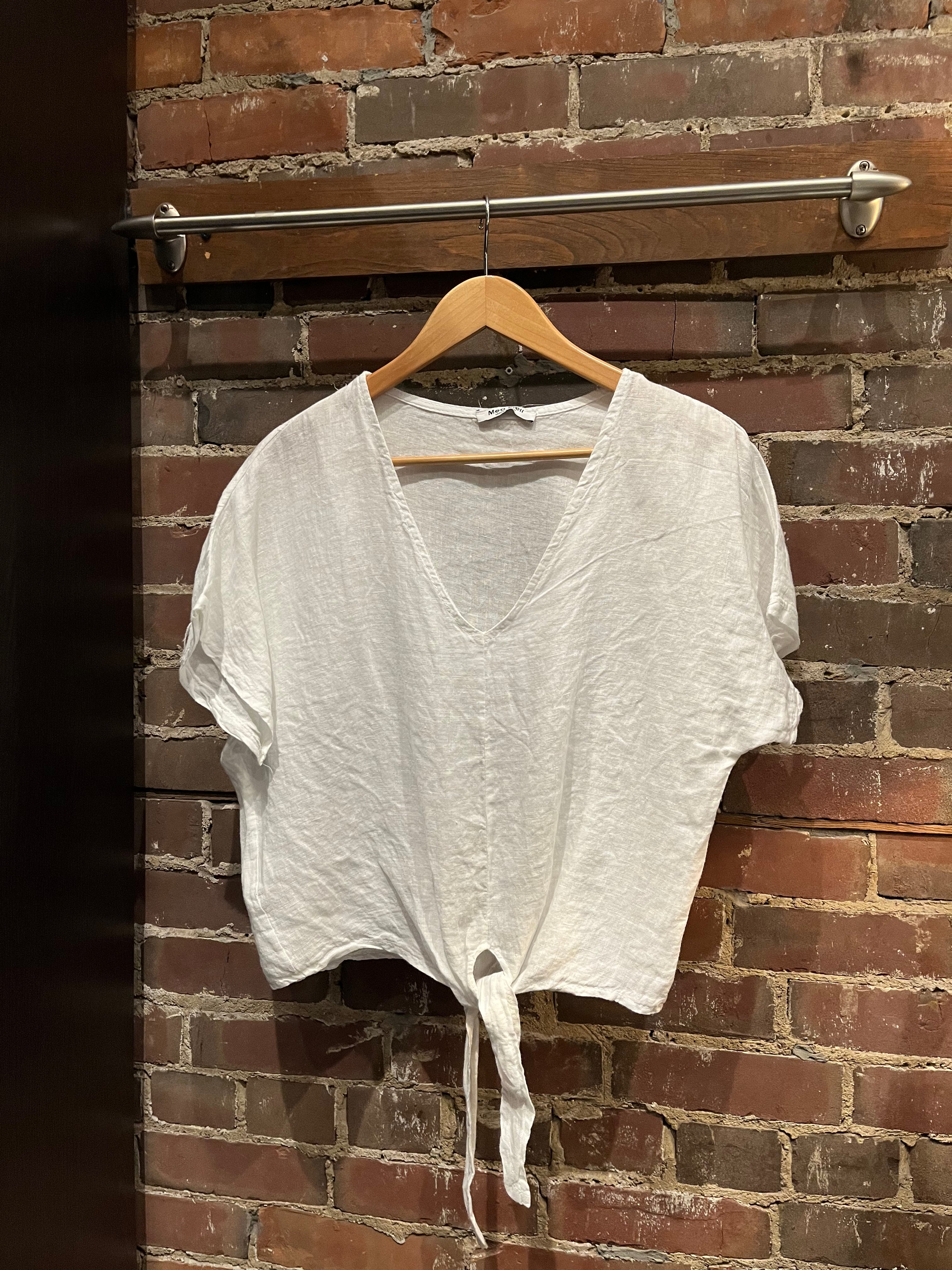 LINEN TIE FRONT POPOVER SHORT SLEEVE BLOUSE - Women's Casual Summer Top for Beach, Office & Date Night