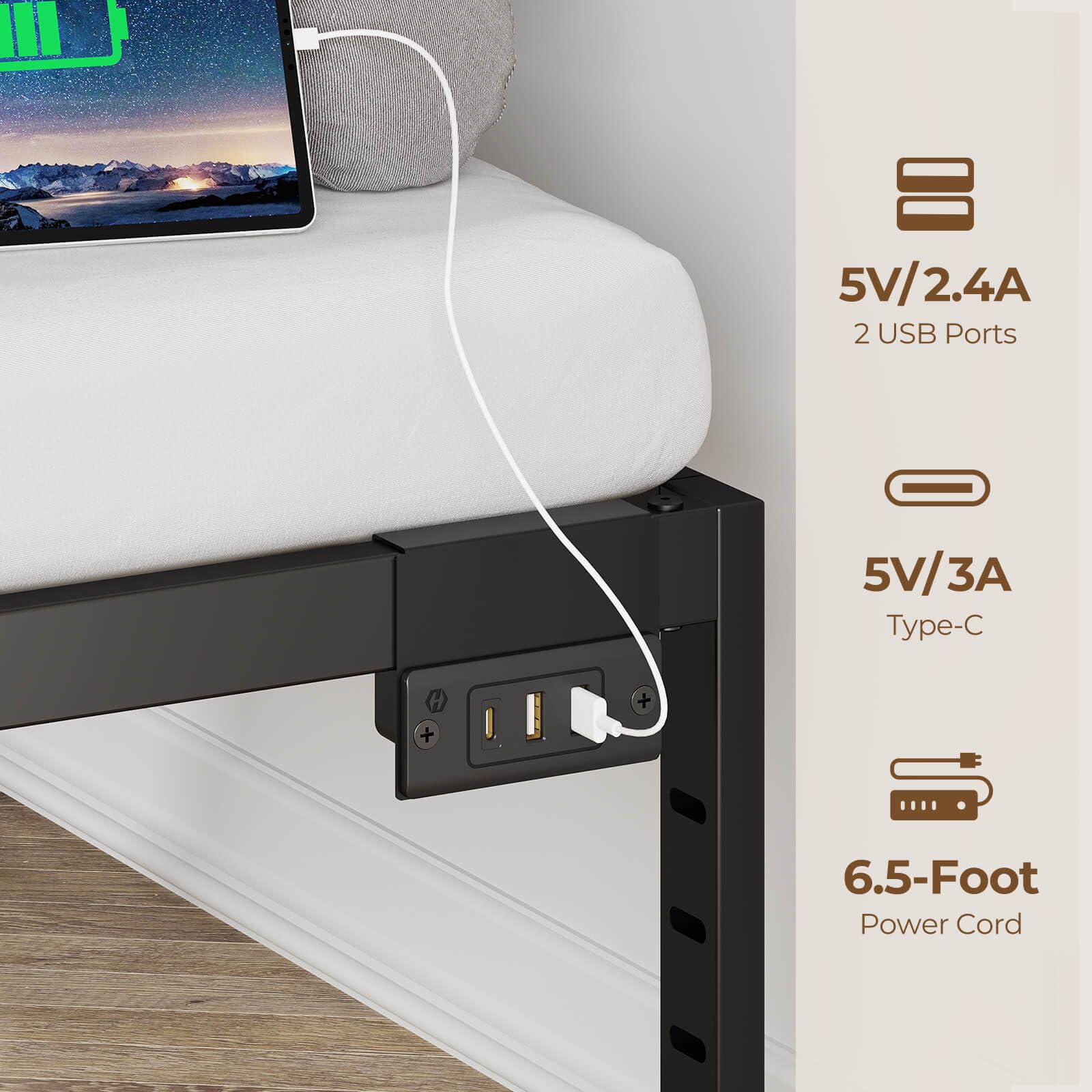 Rolanstar 14 Inch Metal Platform Bed Frame Queen Size with USB Charging Ports - Heavy Duty Steel Slat Support, No Box Spring Needed - Easy Assembly Black Bed Frame for Master Bedroom, Guest Room & Apartment