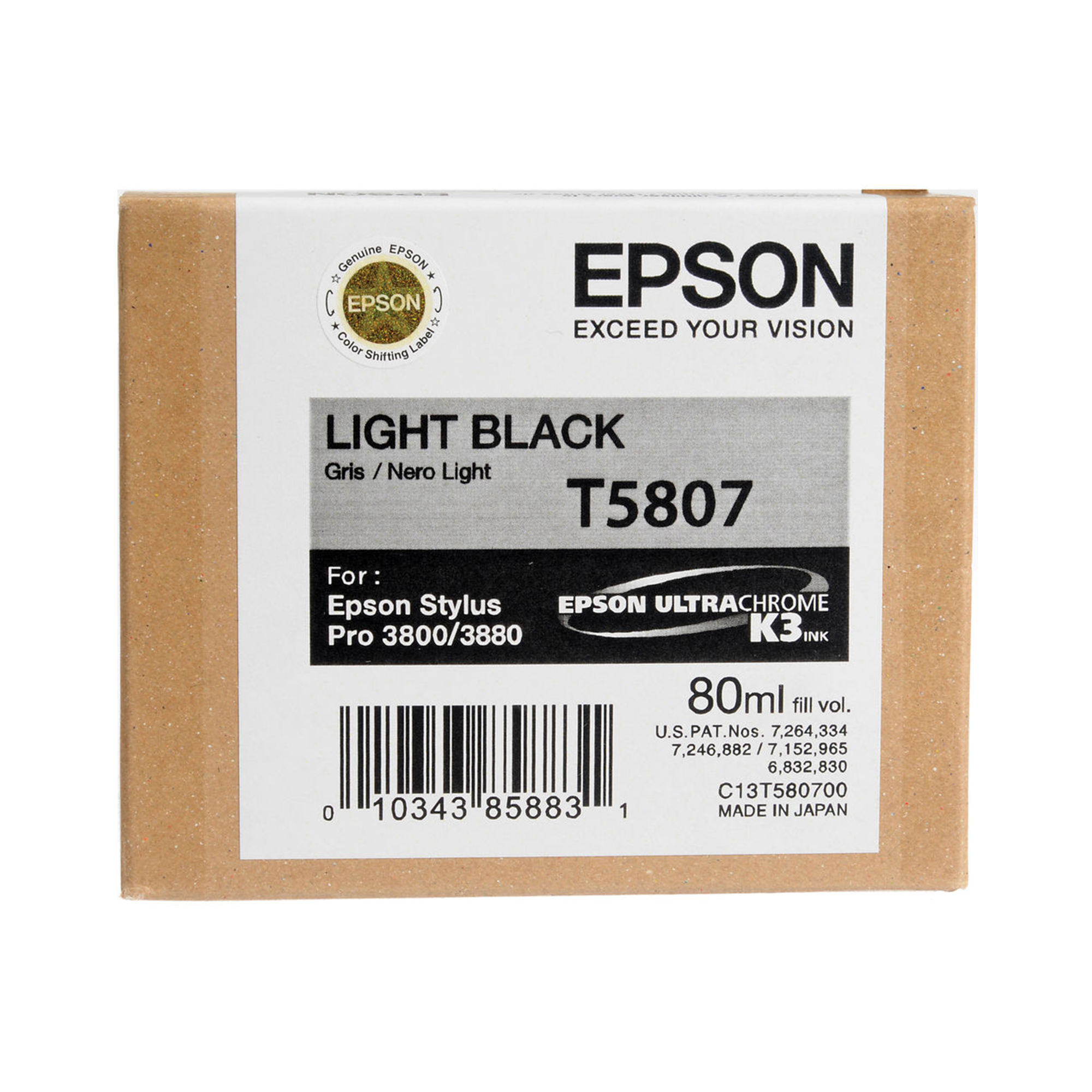 Epson T5807 UltraChrome K3 Light Black Ink Cartridge 80mL - Compatible with Stylus Pro 3800 & 3880 Printers | High-Quality Photo Printing, Fine Art Reproduction, Professional Graphic Design