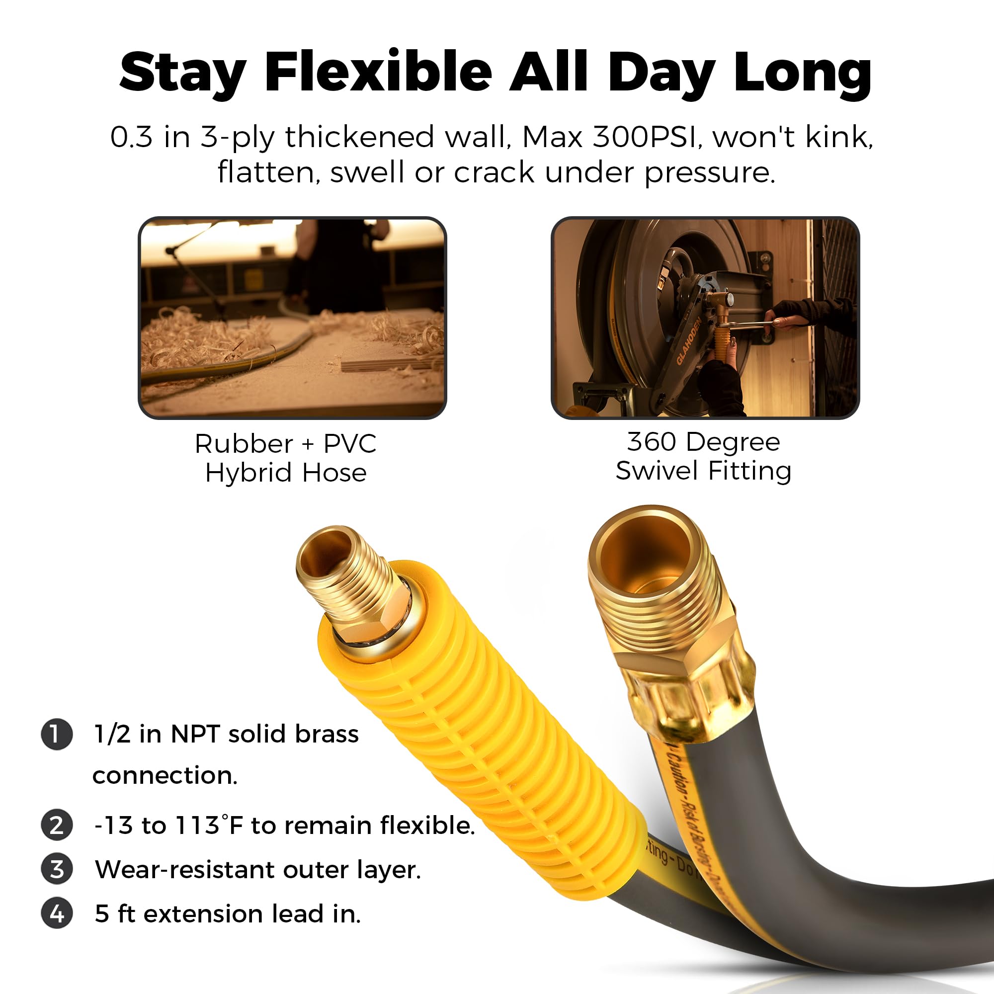 Heavy Duty 50 ft Double Arm Air Hose Reel with Auto Rewind - 1/2 Inch Hybrid Hose, 300 PSI Max, Quick Coupler & Swivel Fitting - Ideal for Professional Air Compressors, Workshops, and Garage Use