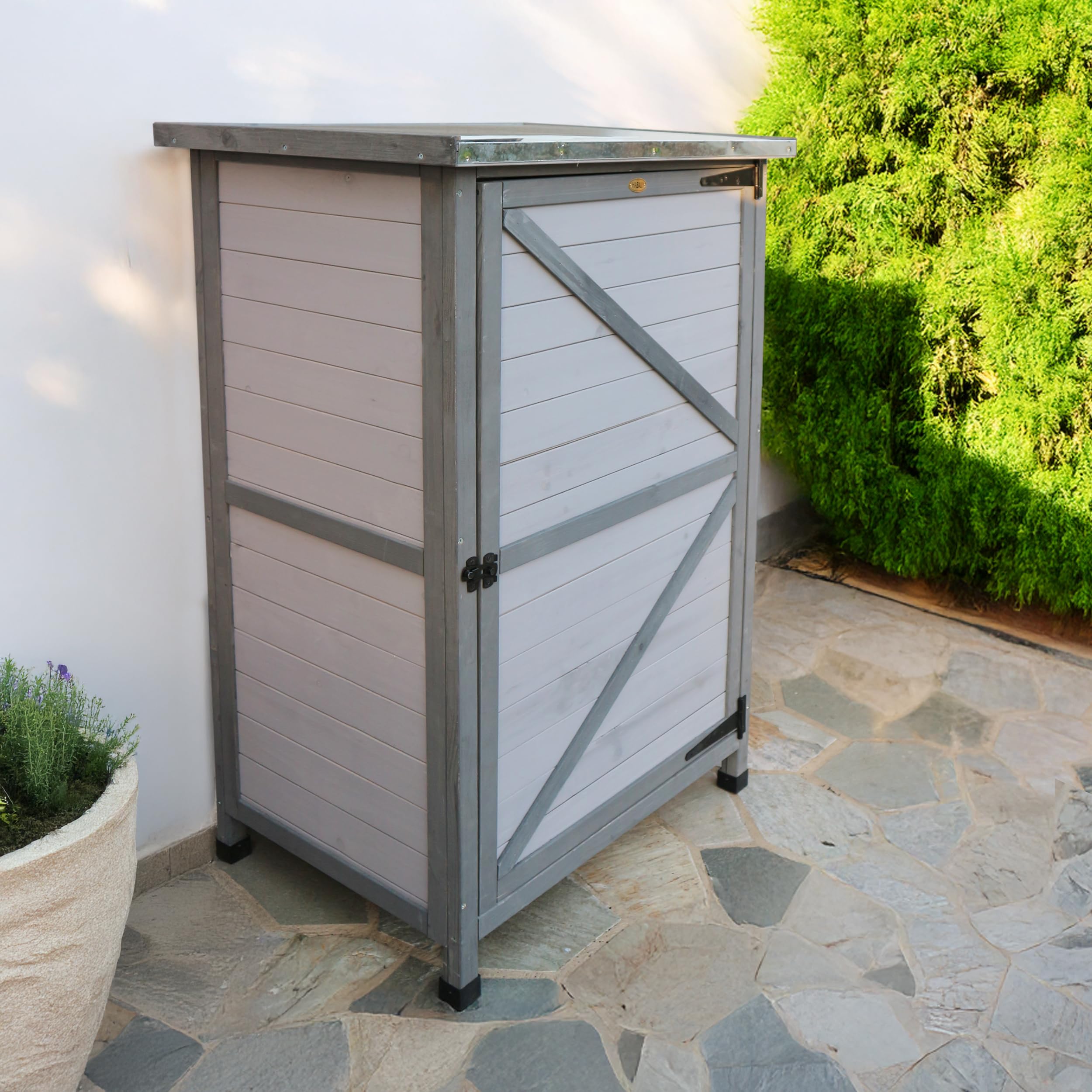 Weatherproof Outdoor Storage Cabinet with Flat Roof & Shelves - Grey/Light Grey Garden Cabinet for Patio, Deck, and Backyard Organization