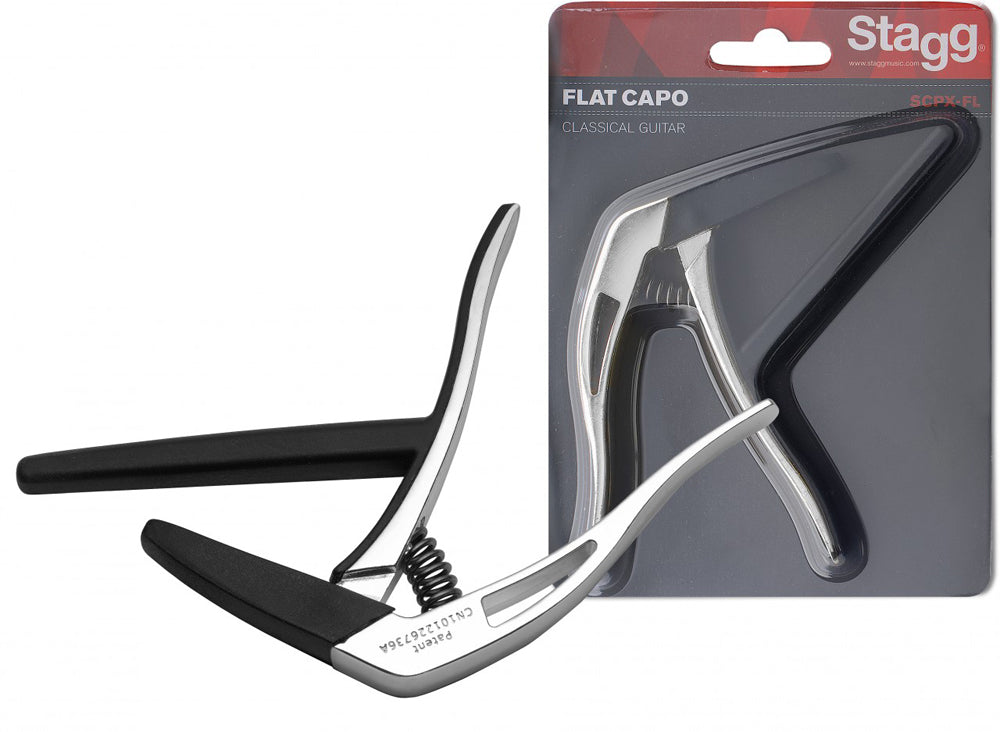 Stagg Flat Trigger Capo for Classical Guitar - Chrome Plated Steel | Perfect for Acoustic & Electric Guitars, Live Performances & Studio Recording
