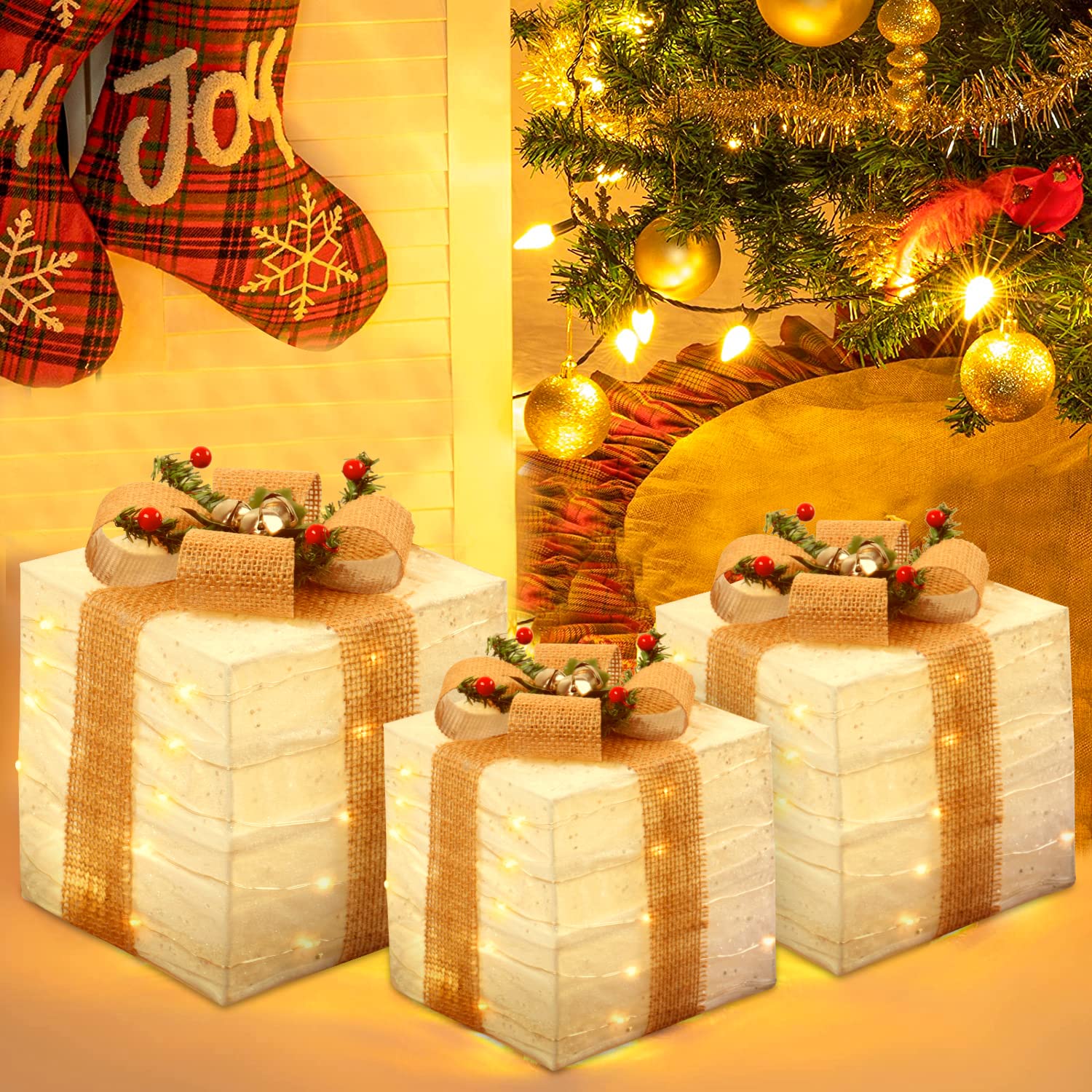 70 LED Lighted Christmas Gift Box Set of 3 - White Xmas Present Boxes Decorations for Tree, Indoor & Outdoor Holiday Decor | Perfect for Mantel, Tabletop, Party & Yard Display
