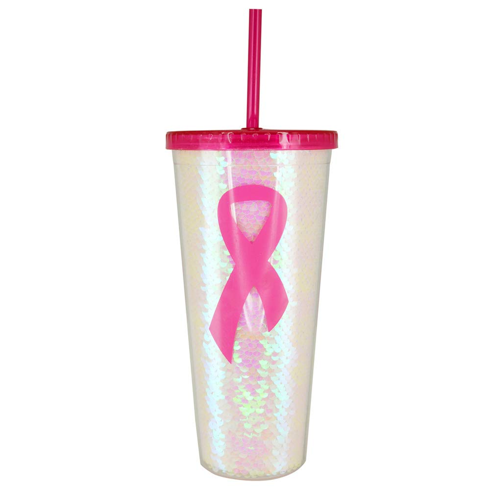 22 oz. Pink Ribbon Breast Cancer Awareness Sequin Tumbler with Straw & Lid - Insulated Stainless Steel Cup for Hot/Cold Drinks - Perfect for Fundraisers, Survivor Gifts & Everyday Use