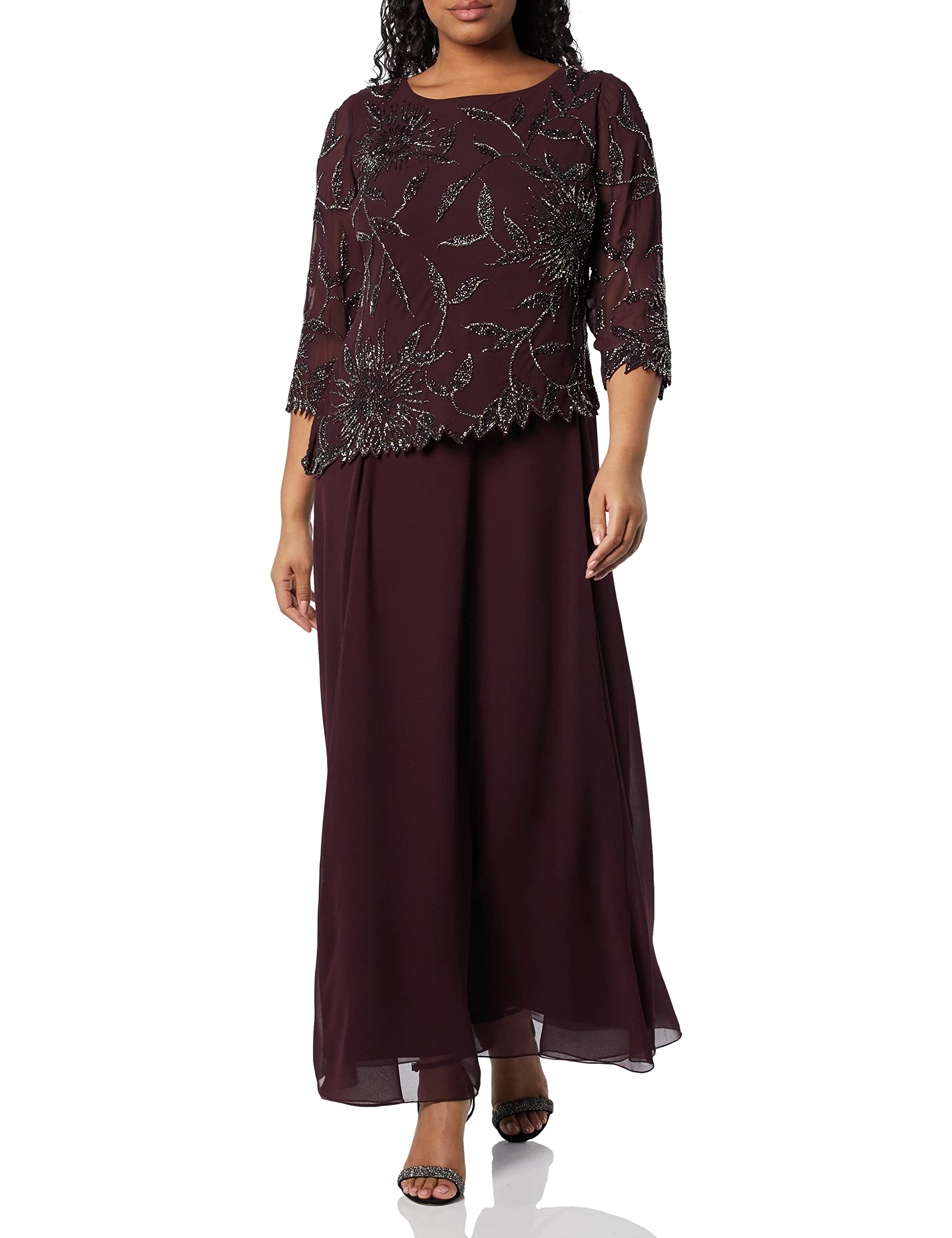 J Kara Women's Plus Size Beaded Scoop Neck 3/4 Sleeve Long Dress for Evening Parties, Weddings & Special Occasions