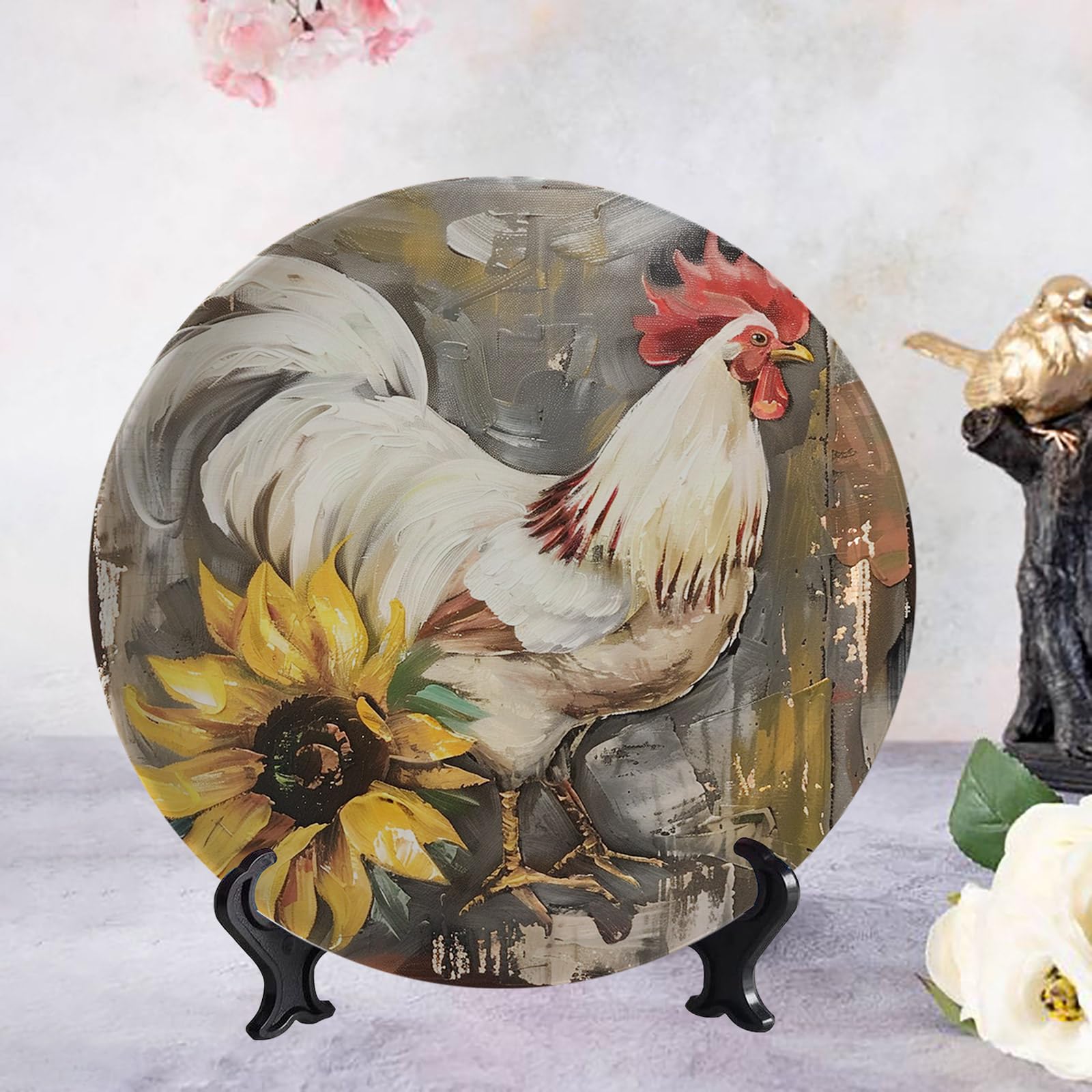 Farmhouse Sunflower Rooster Decorative Wall Plate - 10 Inch Porcelain Hanging Art with Display Stand for Kitchen, Dining Room & Country Home Decor