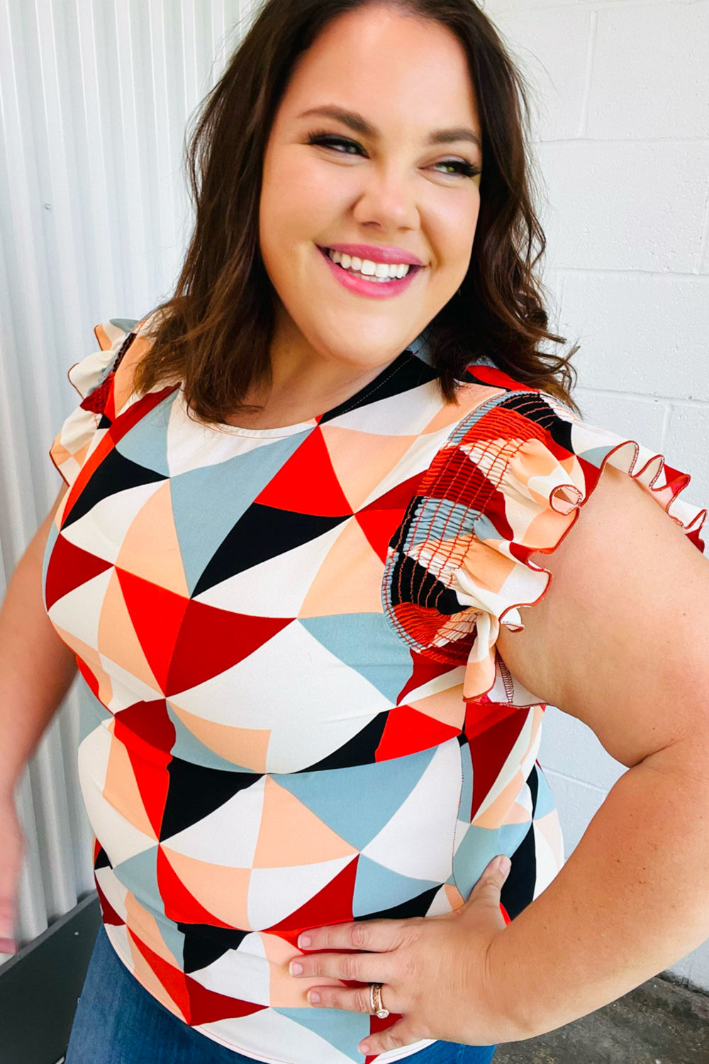 Stylish Burnt Orange Geo Print Smocked Ruffle Sleeve Blouse for Women | Trendy Casual & Party Wear | Perfect for Date Nights, Office Outfits & Summer Fashion
