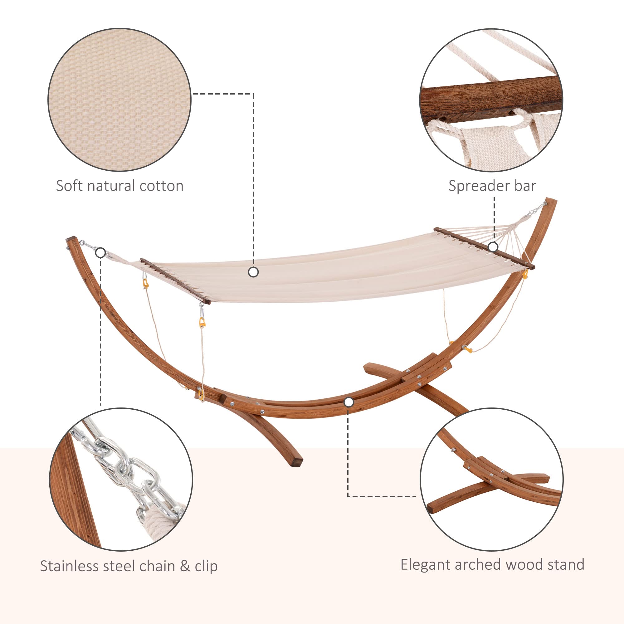 Outsunny 10 Foot Wooden Outdoor Hammock with Stand - Heavy Duty Roman Arc Rainbow Hammock for Single Person - Perfect for Patio, Backyard, Balcony, Porch & Garden Relaxation - White