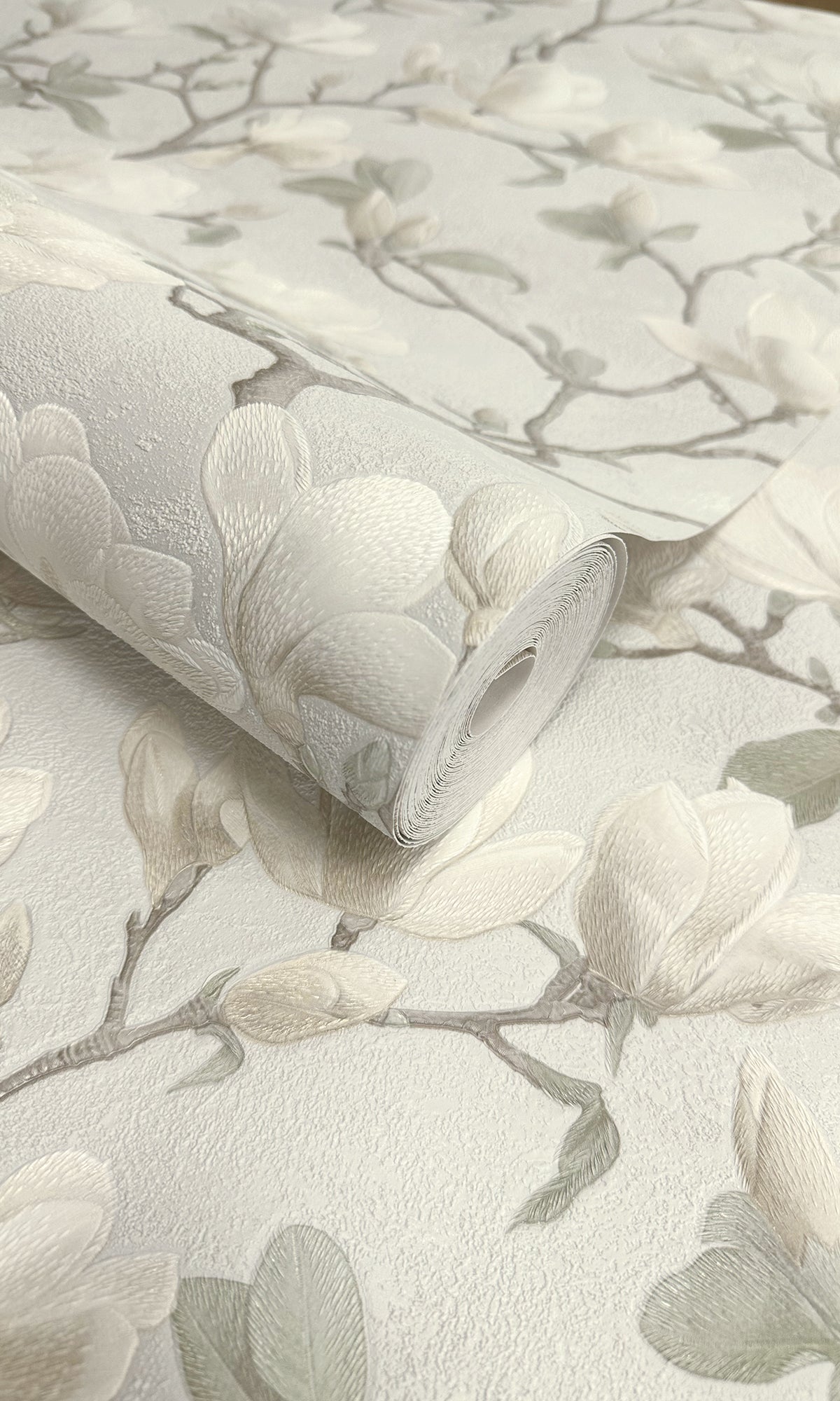 Premium Cream Meandering Magnolias Printed Wallpaper Roll R9537 - Floral Peel & Stick Wallpaper for Bedroom, Living Room, Nursery Decor