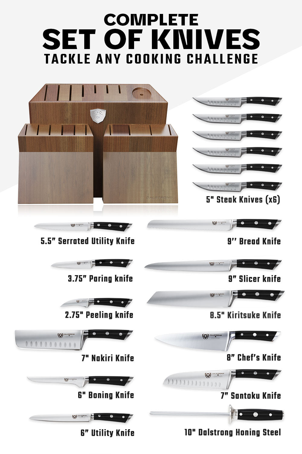 18-Piece Colossal Knife Set with Wooden Block - Gladiator Series Professional Kitchen Knives | NSF Certified | Dalstrong | Perfect for Home Chefs & Culinary Enthusiasts