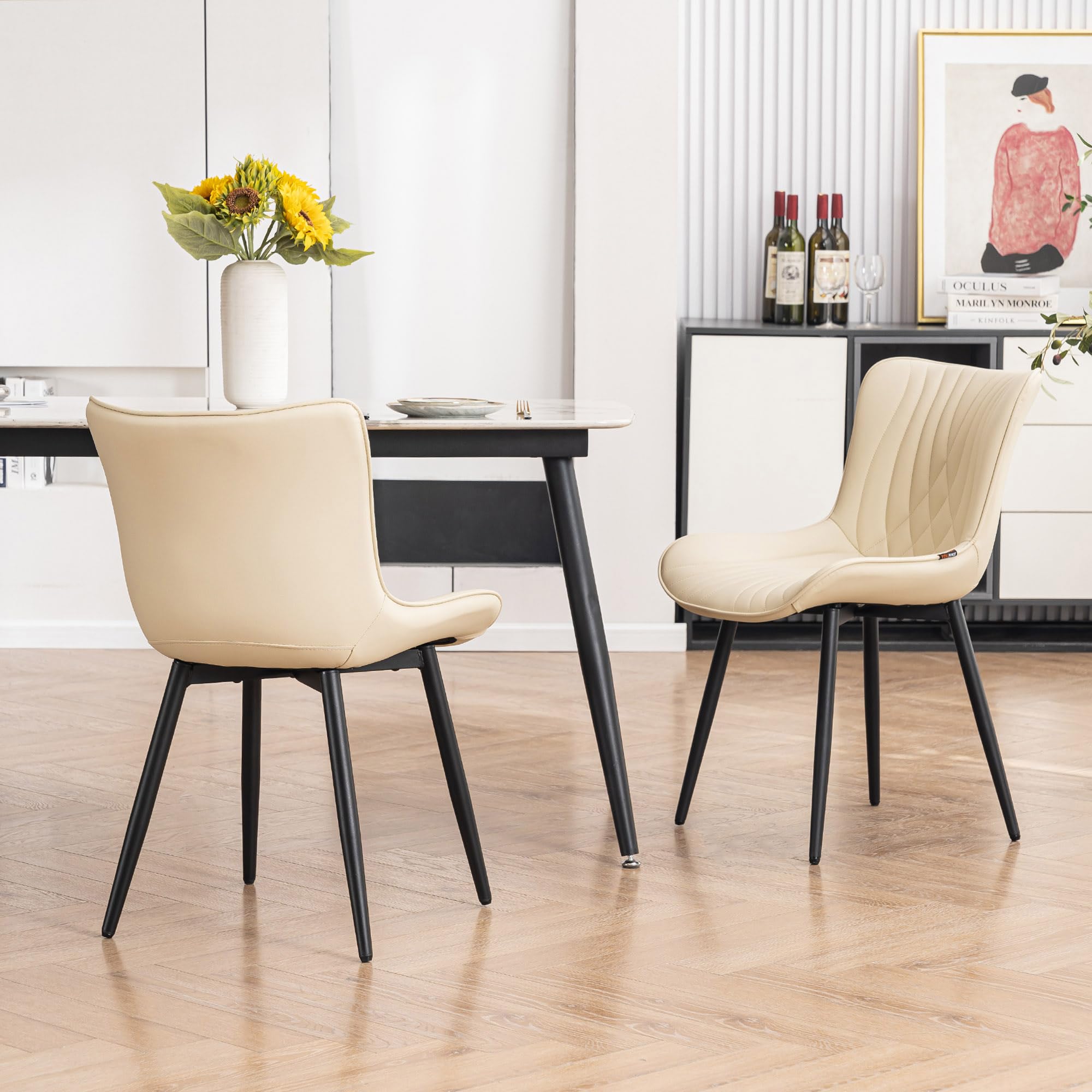 Kidol & Shellder Faux Leather Dining Chairs Set of 2 - Mid Century Modern Kitchen & Dining Room Chairs with Metal Legs, Ergonomic Armless Design for Living Room, Vanity or Home Office (Beige) | Comfortable Seating for Family Meals, Entertaining Guests & Workspace