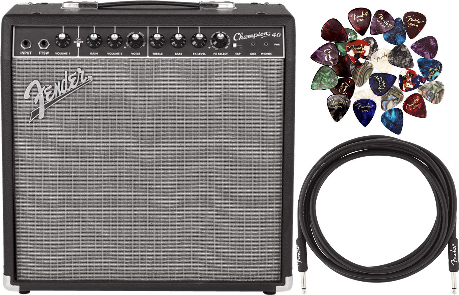 Fender Champion 40 Watt Guitar Combo Amplifier Bundle with 10ft Instrument Cable & 6 Picks - Perfect for Home Practice, Studio Recording & Live Performances