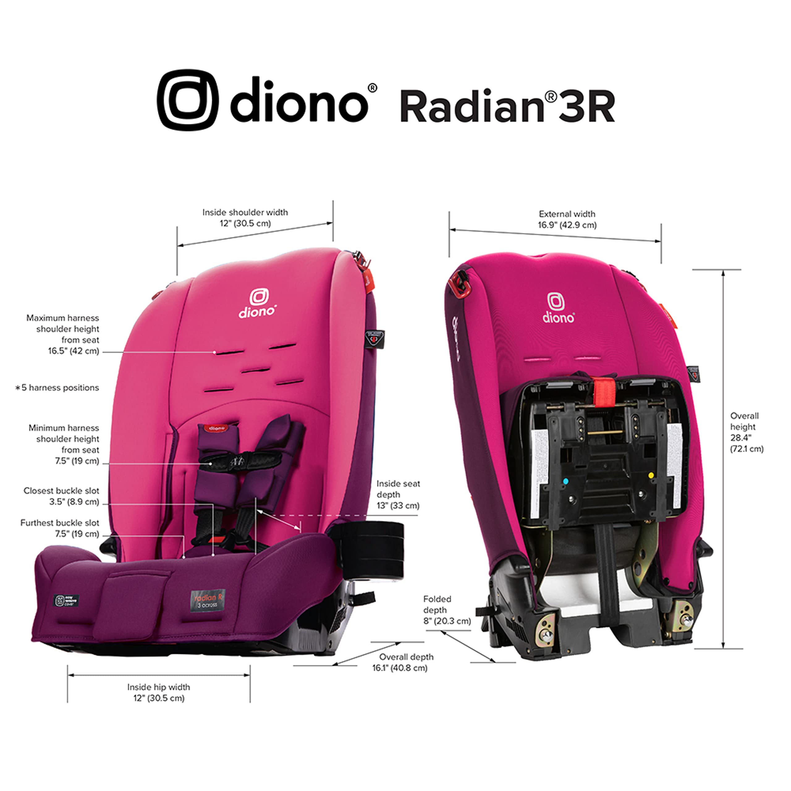 Diono Radian 3R Convertible Car Seat - 3-in-1 Design for Rear & Forward Facing, Slim Fit for 3 Across Seating, 10 Year Use - Pink Blossom | Safe & Comfortable for Infants to Big Kids, Perfect for Family Road Trips & Daily Commutes