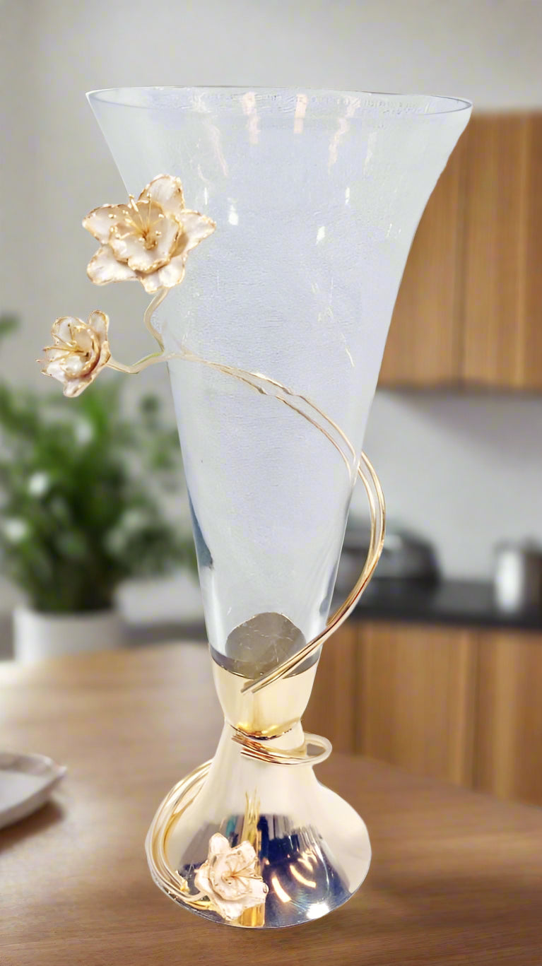 16x6.5 Inch Gold Floral Design Glass Vase - Elegant Home Decor for Centerpieces, Wedding, and Living Room Display