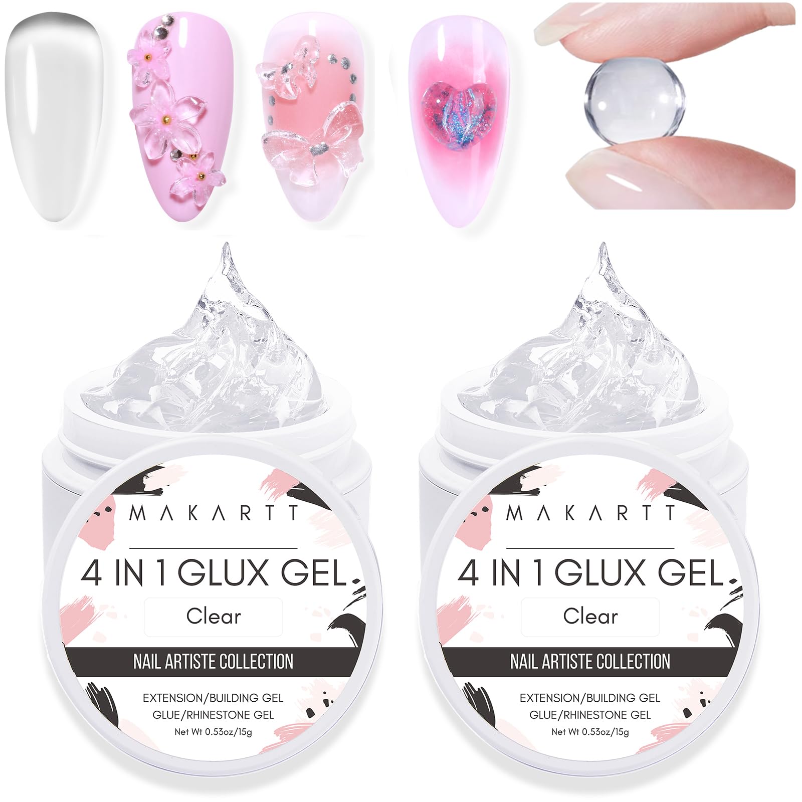 Makartt 4-in-1 Solid Gel Builder for Nail Extensions - 3D Sculpting Gel, UV Nail Glue & Hard Gel for Acrylic Nails & Rhinestones (15ml x 2 Bottles, Clear) | Professional Salon & DIY Home Manicure | UV/LED Lamp Required
