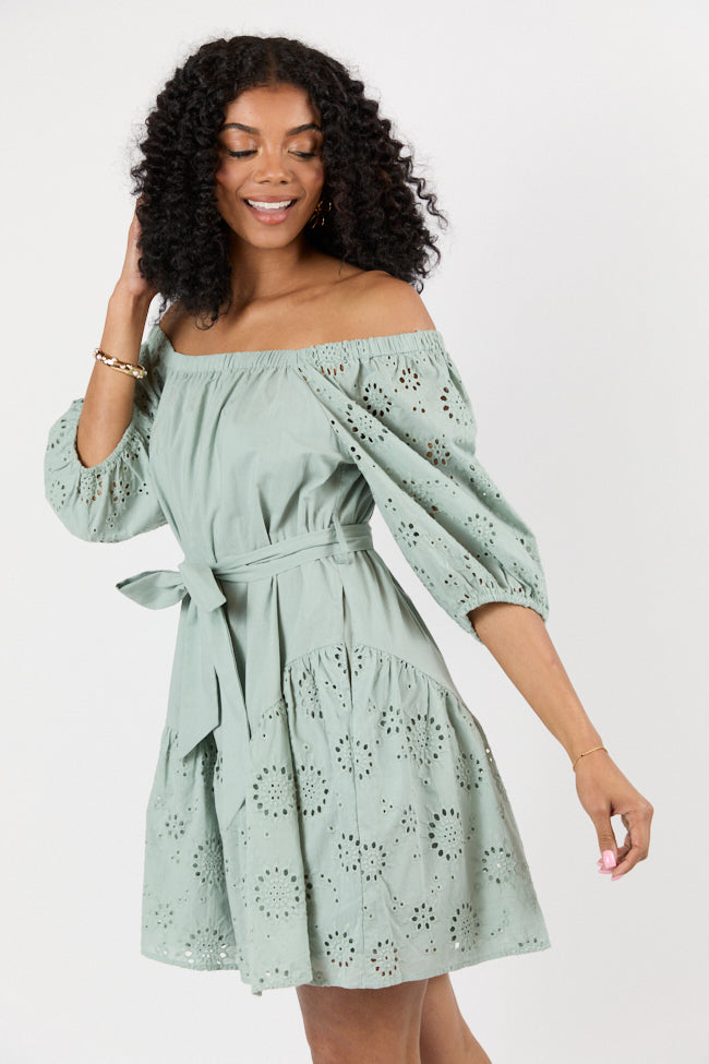 Elegant Sage Green Eyelet Off-The-Shoulder Summer Dress for Women - Perfect for Beach Vacations, Date Nights & Outdoor Weddings