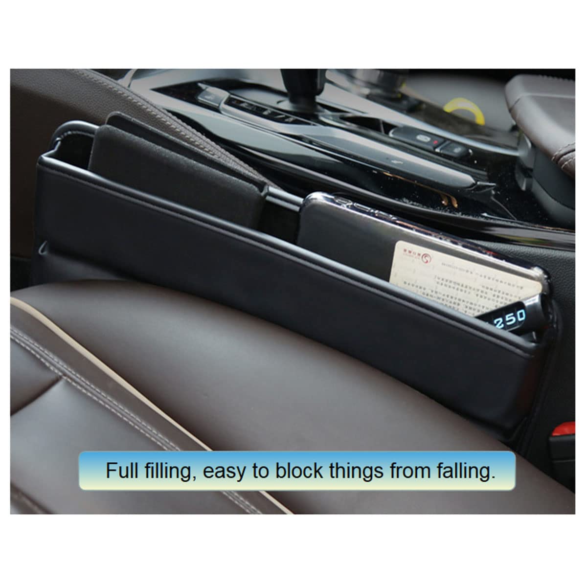 Tumecos 2 Pack Beige Car Seat Gap Organizer - Leather Storage Box & Filler for Phones, Wallets, Keys, Coins | Auto Console Organizer for Sedans, SUVs, Trucks | Perfect for Road Trips & Daily Commutes