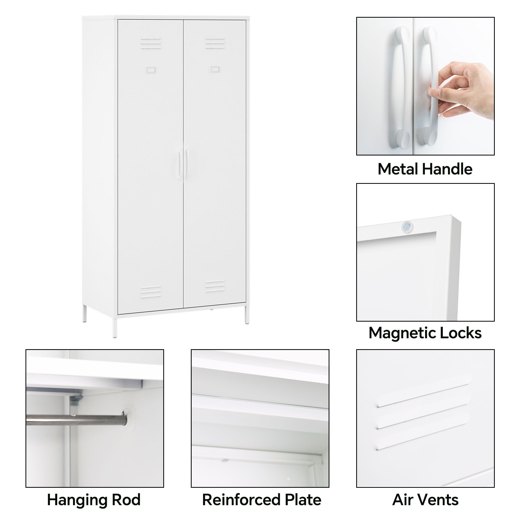 MIOCASA White Metal Armoire Wardrobe Closet - 2 Door Steel Storage Cabinet with 4 Shelves for Bedroom, Living Room & Office Organization - Perfect for Clothes, Shoes & Home Storage Solutions