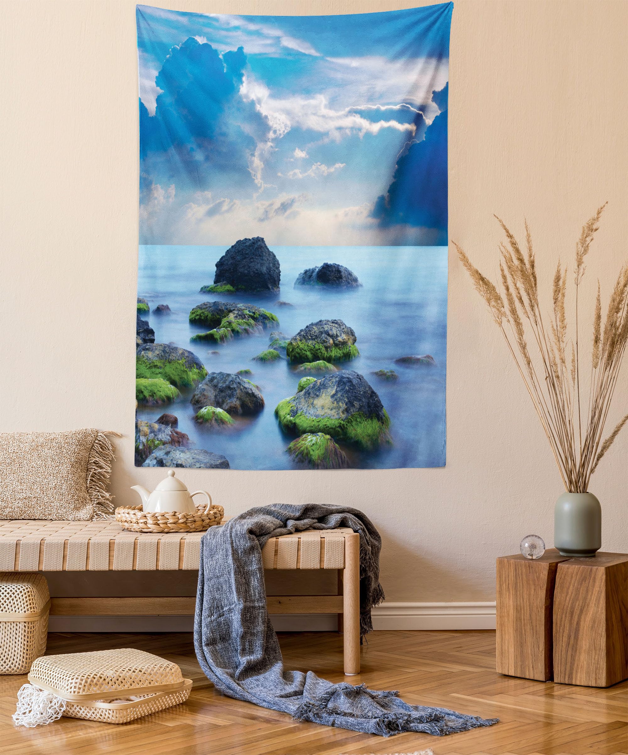 Ambesonne Twin Size Beach Tapestry - Caribbean Shore with Sea Stones & Majestic Cloudscape - 68x88 Inch Green Wall Hanging for Bedroom Decor, Bedspread, or Living Room Wall Art - Perfect for Coastal Theme Rooms & Boho Home Decor