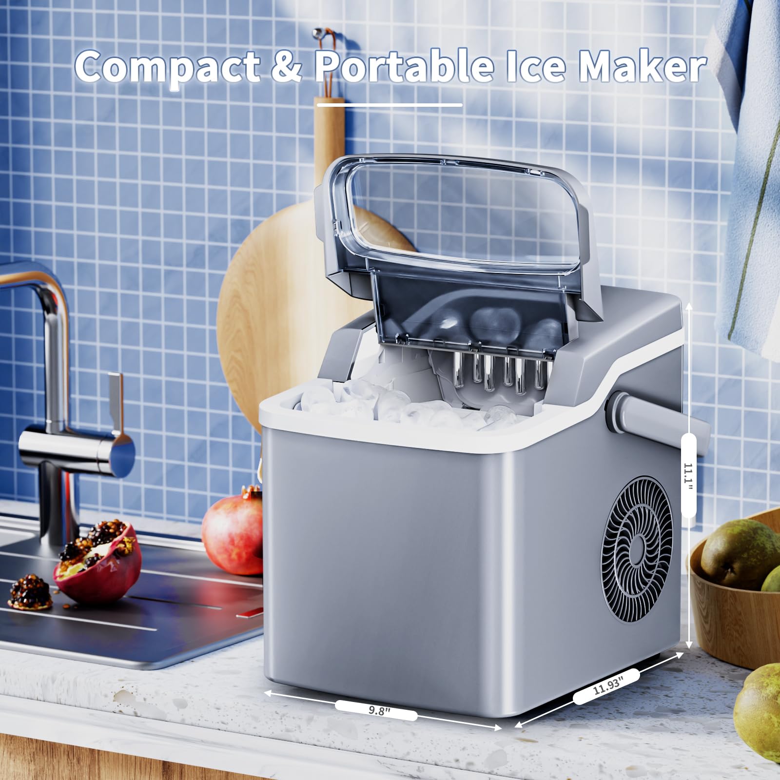 Antarctic Star Portable Countertop Ice Maker - 26 lbs Daily Output, 9 Ice Cubes in 6 Minutes, Self-Cleaning Ice Machine with One-Touch Operation & 2 Ice Size Options - Perfect for Home Kitchen, Office, Dorm Room, RV, Camping & Outdoor Parties (Grey)