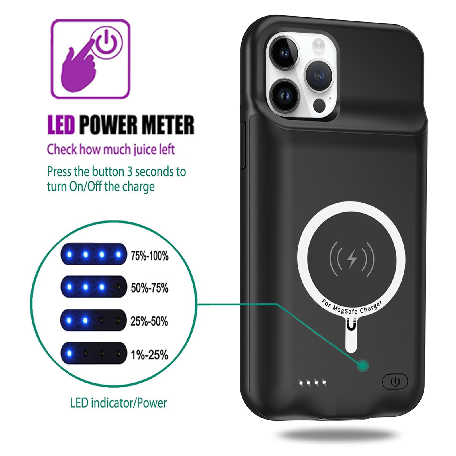 **10800mAh Wireless Charging Case for iPhone 12 Pro Max (6.7 inch) - High Capacity Portable Battery Case with Qi Wireless Charging - Extended Battery Charger Case (Black) | Perfect for Travel, Work & Daily Use**