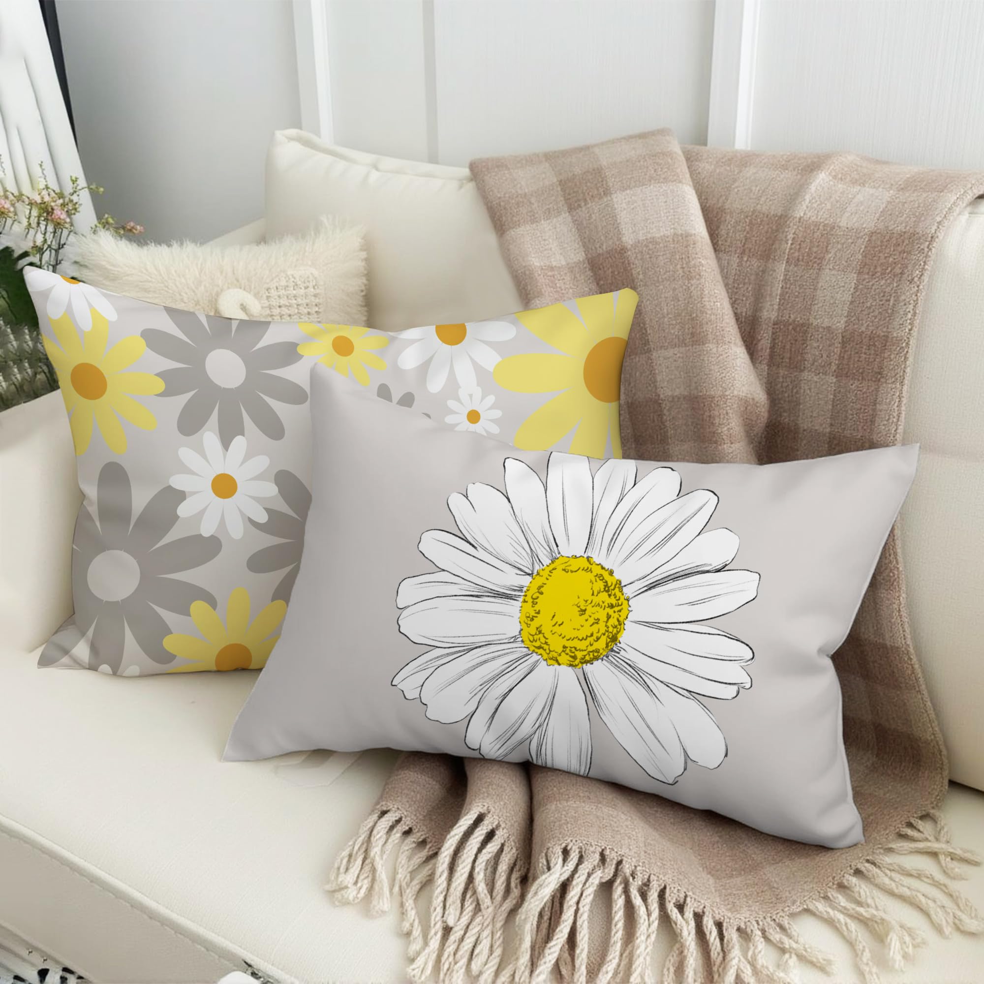 Hexagram Spring Summer Pillow Covers Set of 4 - 12x20 Inch Yellow Grey Decorative Throw Pillow Covers with Sunflower Design for Living Room, Bedroom & Outdoor Decor