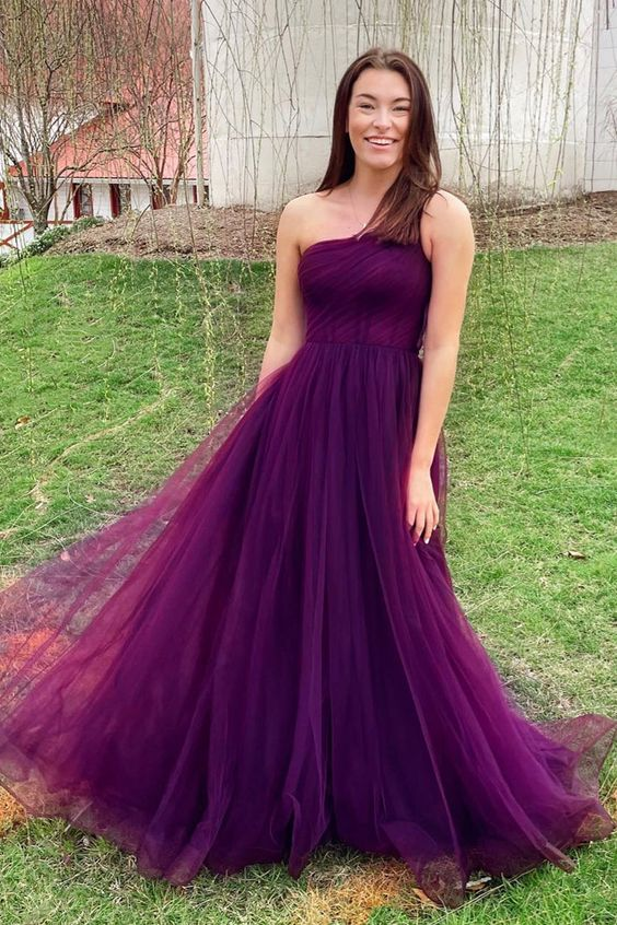 Elegant Dark Purple One Shoulder Pleated Tulle A-Line Long Prom Dress 2289 | Formal Evening Gown for Homecoming, Ball, Wedding & Special Occasions