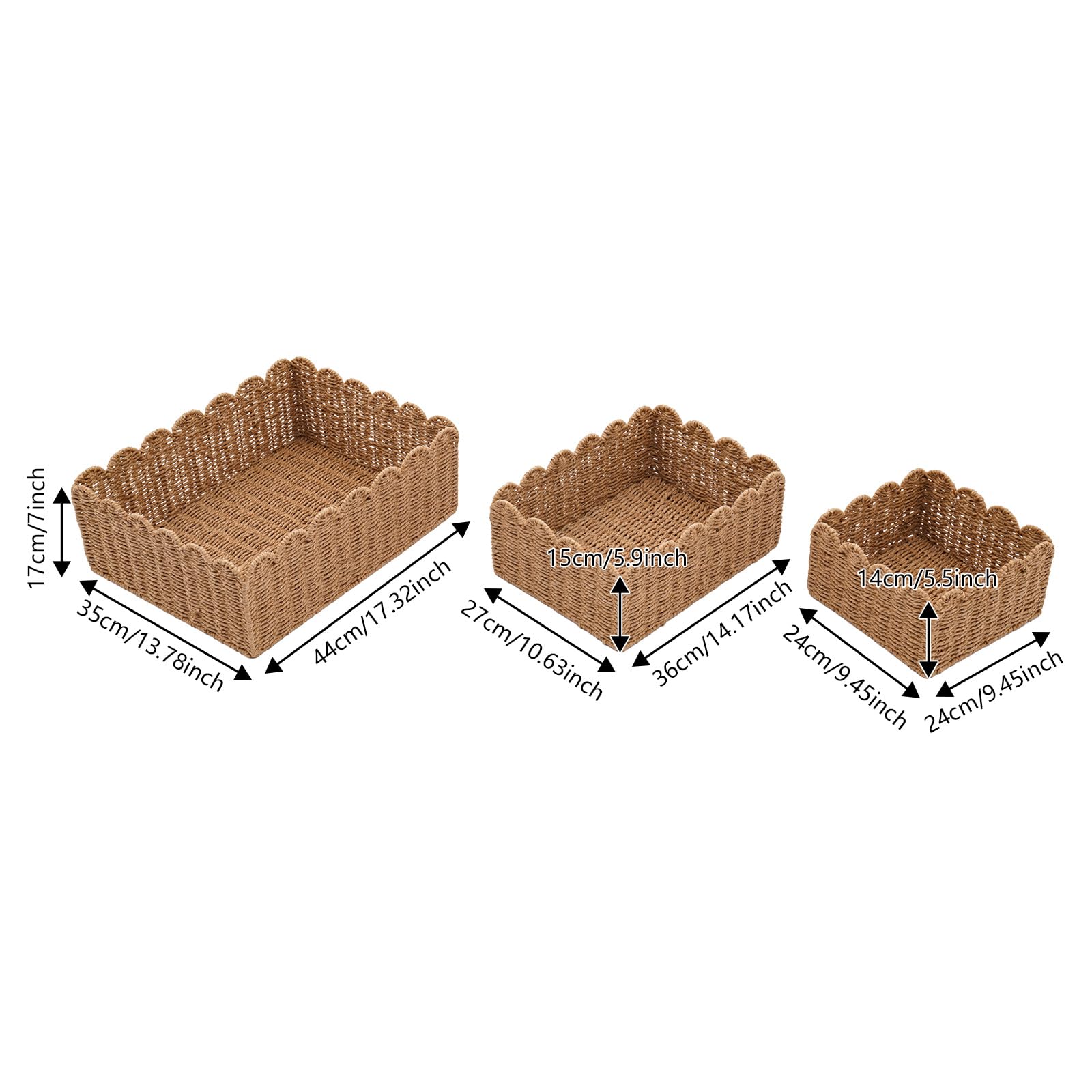 3-Piece Woven Rattan Storage Baskets Set with Lids - Scalloped Edge Home Decor Organizer (4.33/5.12/6.1 Inch Height) - Perfect for Bathroom, Bedroom & Nursery Storage