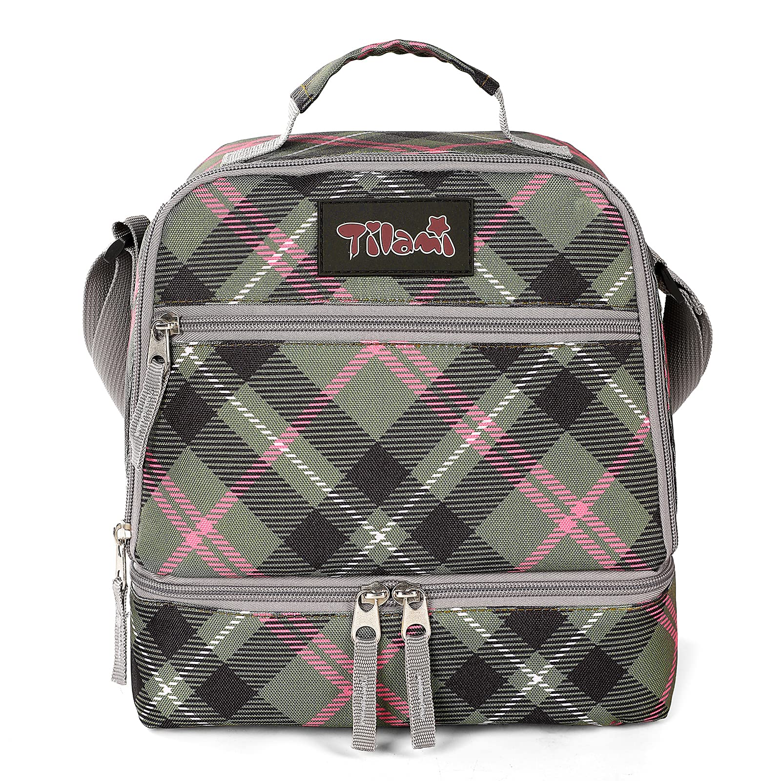Tilami Insulated Lunch Bag with Adjustable Strap & Zipper - Water-Resistant Cooler Lunch Box for Kids & Toddlers - Pink Plaid Bento Box Carrier - Perfect for School, Picnics & Outdoor Activities