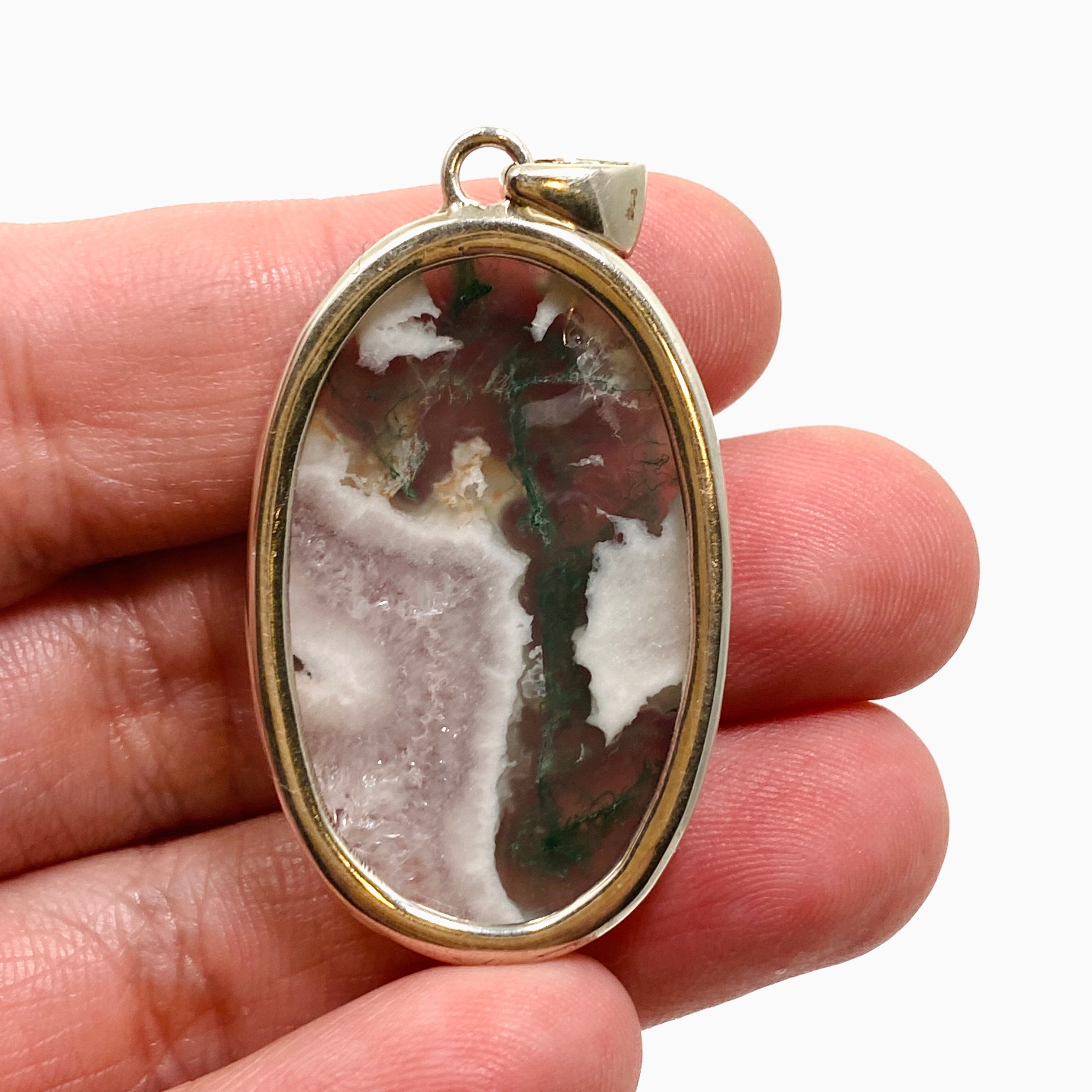 Natural Moss Agate Oval Cabochon Pendant in Handmade Hammered Sterling Silver Setting KPGJ4708 - Perfect for Boho Jewelry, Spiritual Healing & Gift Giving