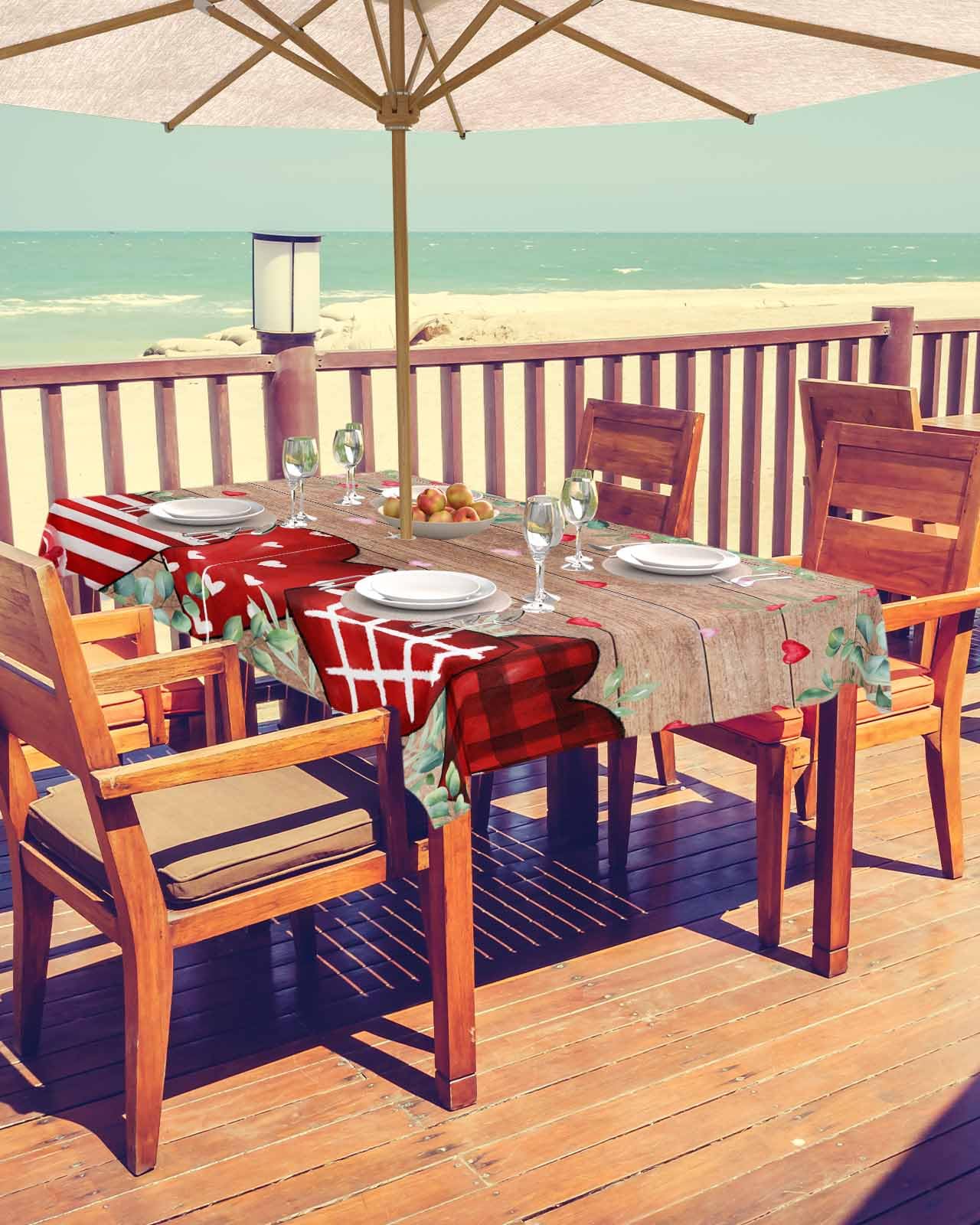 Valentine's Day Red Heart Tablecloth with Umbrella Hole & Zipper - Waterproof Spillproof Rectangular Table Cover for Outdoor Dining, Picnic, Party & Patio - Wood Grain Texture Design