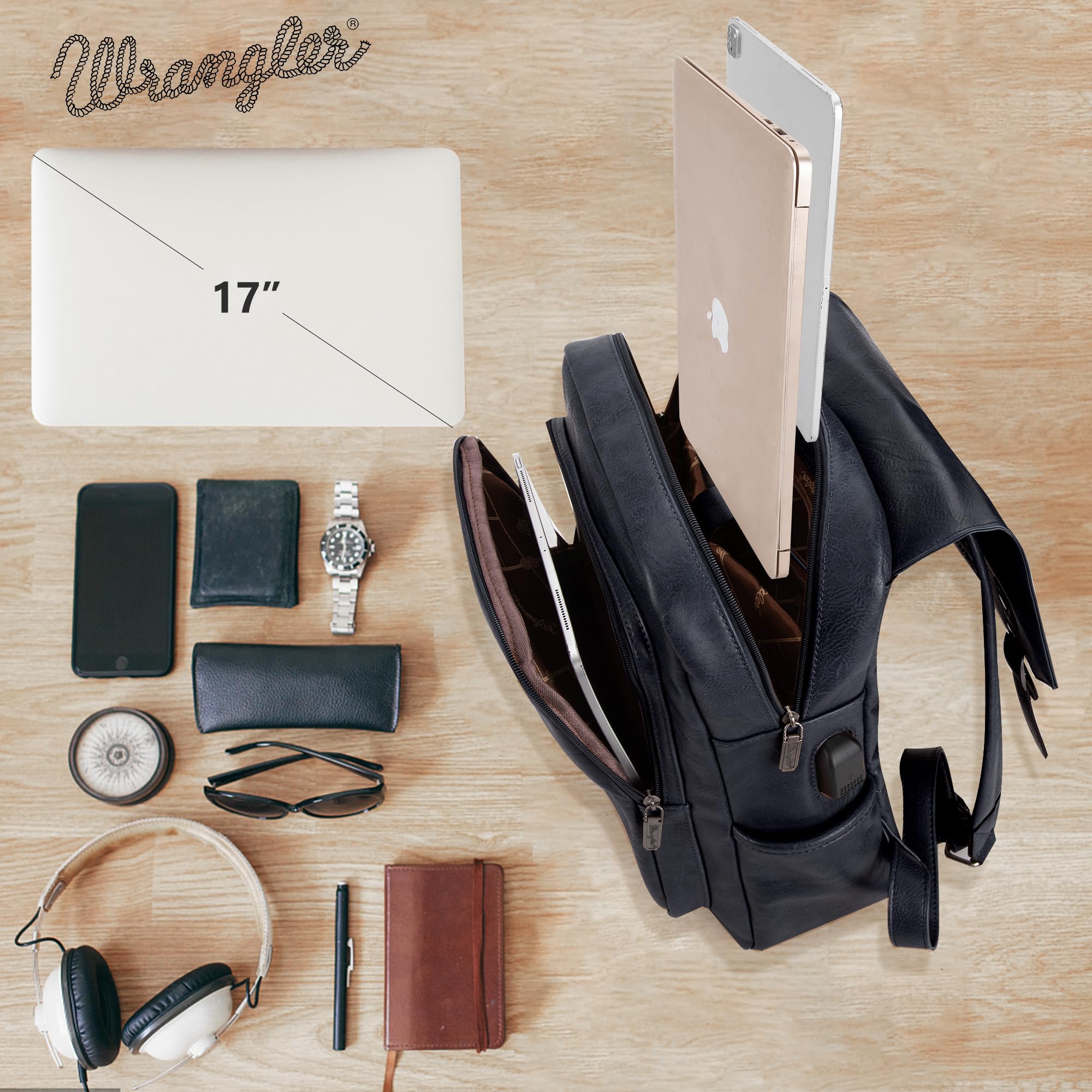Wrangler Vegan Leather Laptop Backpack for Women & Men - Navy Blue College & Travel Backpack for Work, School, Commuting & Outdoor Adventures