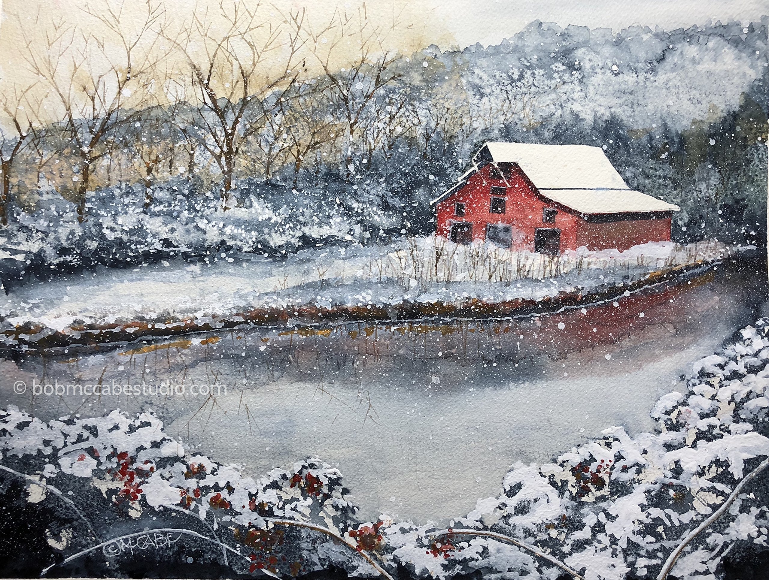 Red Barn Watercolor Print - Tennessee Winter Landscape Art for Home & Office Decor | Perfect for Living Room, Bedroom, or Gift