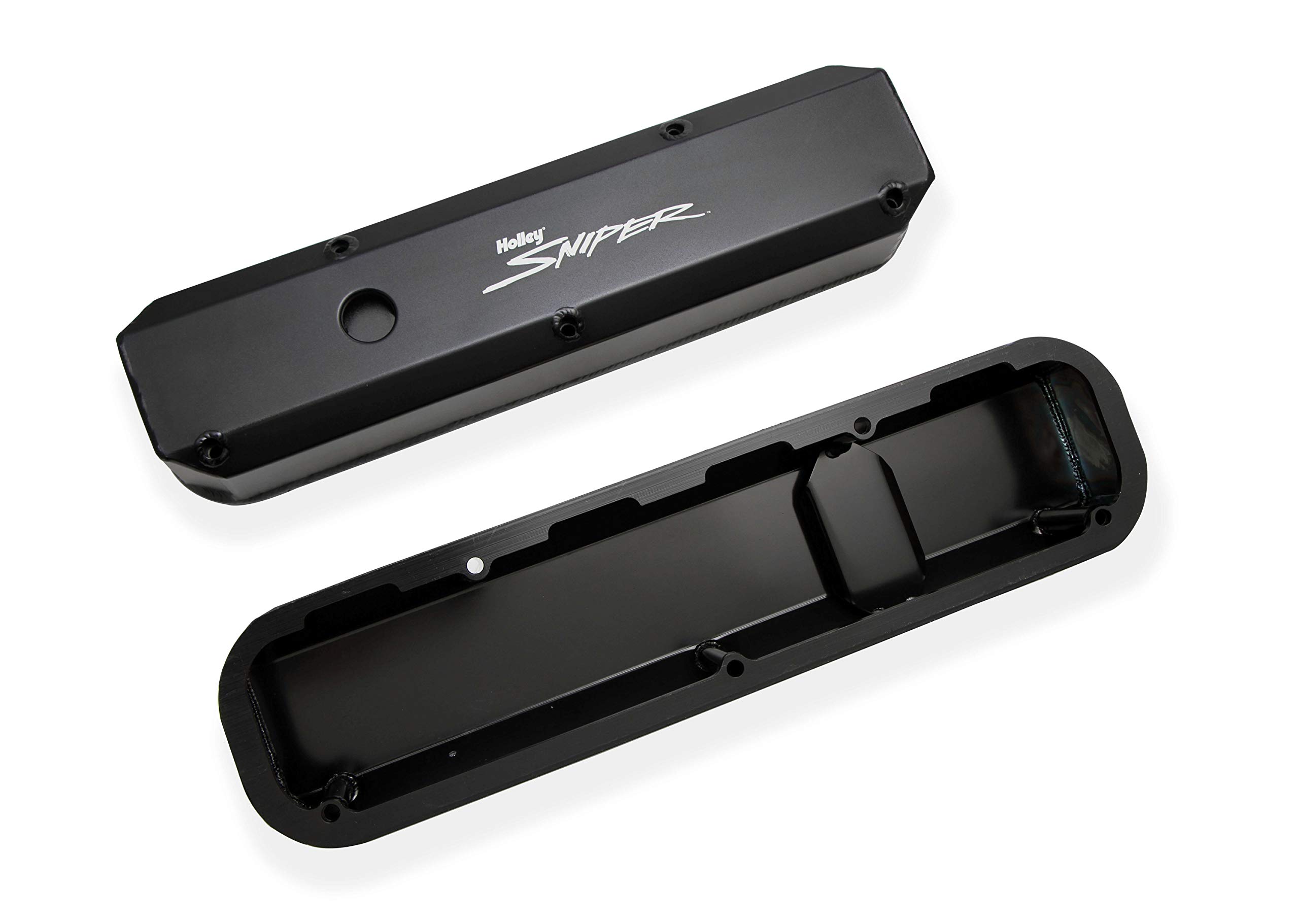 Holley 890003B Black Aluminum Valve Cover Set with Emissions Port - High Performance Engine Upgrade for Chevy, Ford, Dodge - Perfect for Car Restoration & Racing Applications