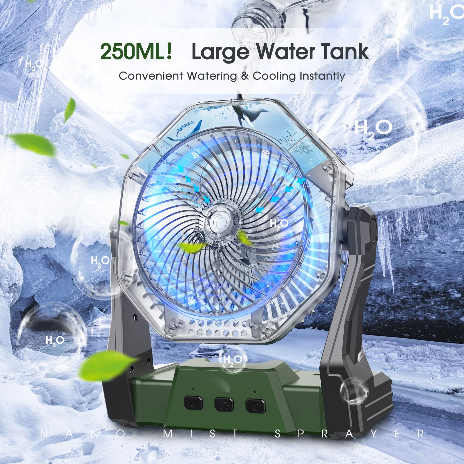 10W Solar Misting Fan with 10000mAh Battery & 250ml Water Tank - 8 Inch Portable Rechargeable Cooling Fan with Solar Panel & Hook - Perfect for Camping, Travel, Patios, Garages & Outdoor Tents