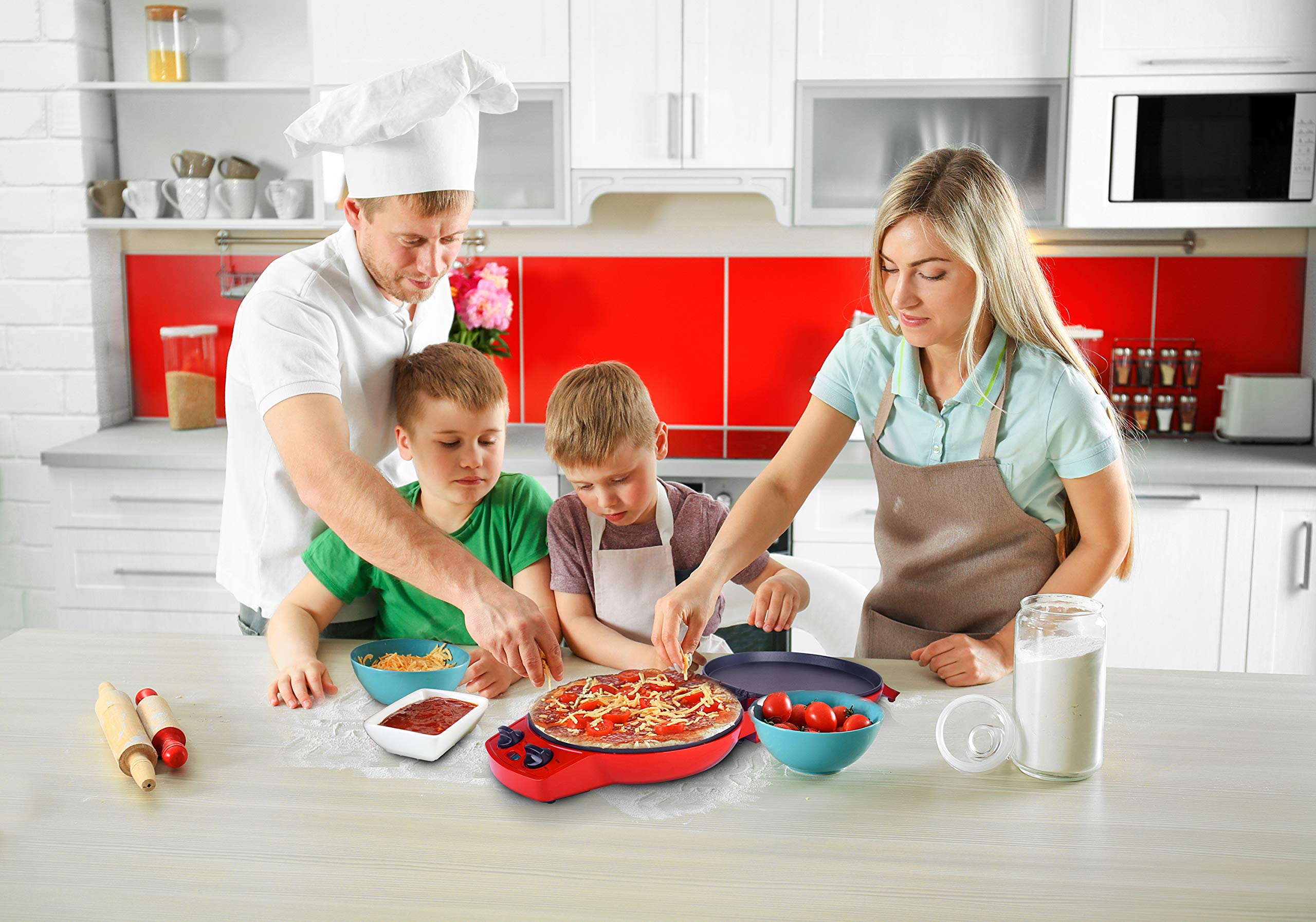 12 Inch Courant Pizza Maker & Calzone Maker with Timer & Temperature Control - 1440W Electric Pizza Oven & Indoor Grill (Red) - Perfect for Home Kitchen, Parties & Quick Meals