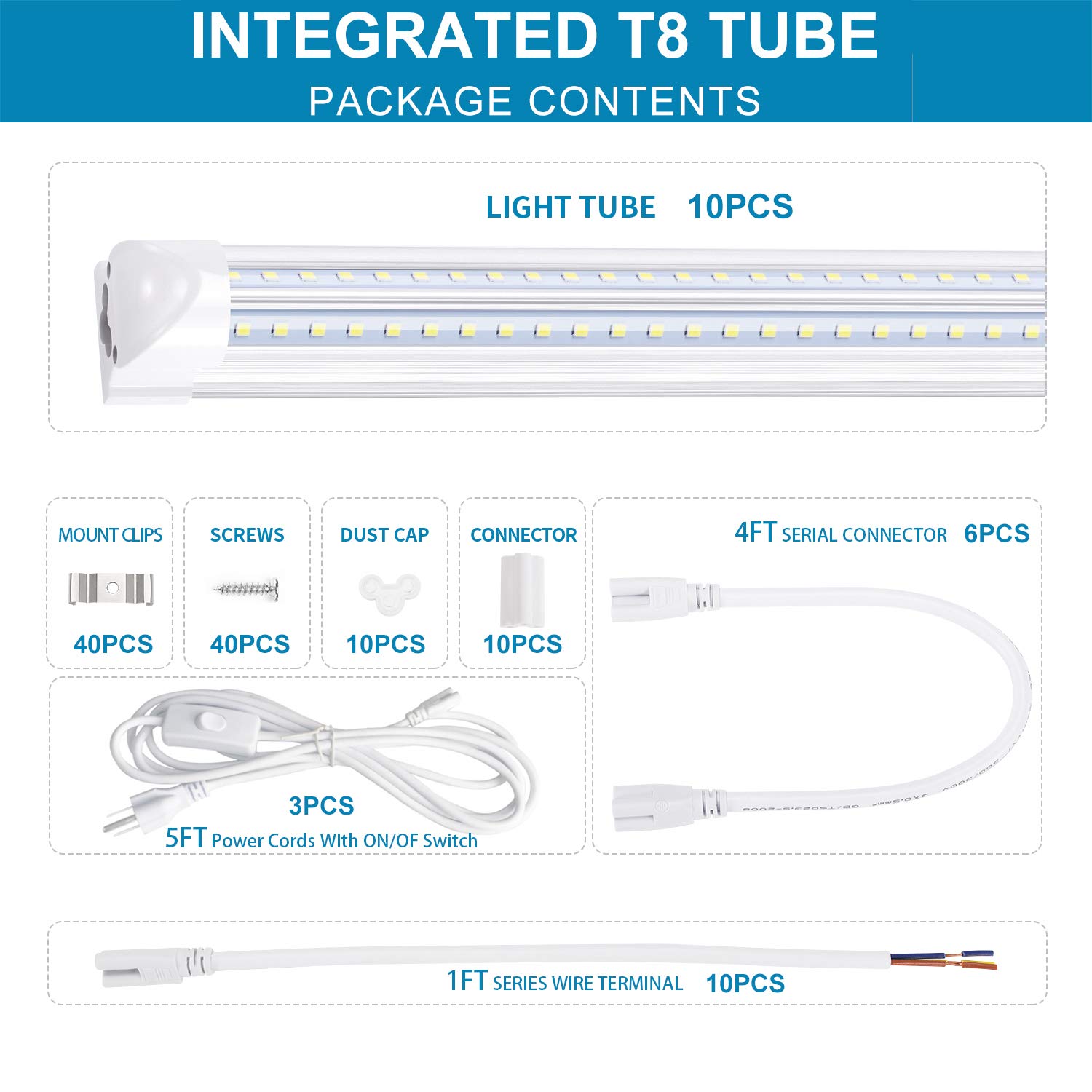 8FT Linkable LED Shop Light - 100W 12000LM High Output, T8 Integrated LED Tube Fixture with V-Shape Design, 6000K Bright White - Perfect for Garage, Warehouse, Workshop Lighting - Plug and Play Installation (10-Pack) - Energy Efficient Lighting Solution for Commercial & Industrial Spaces