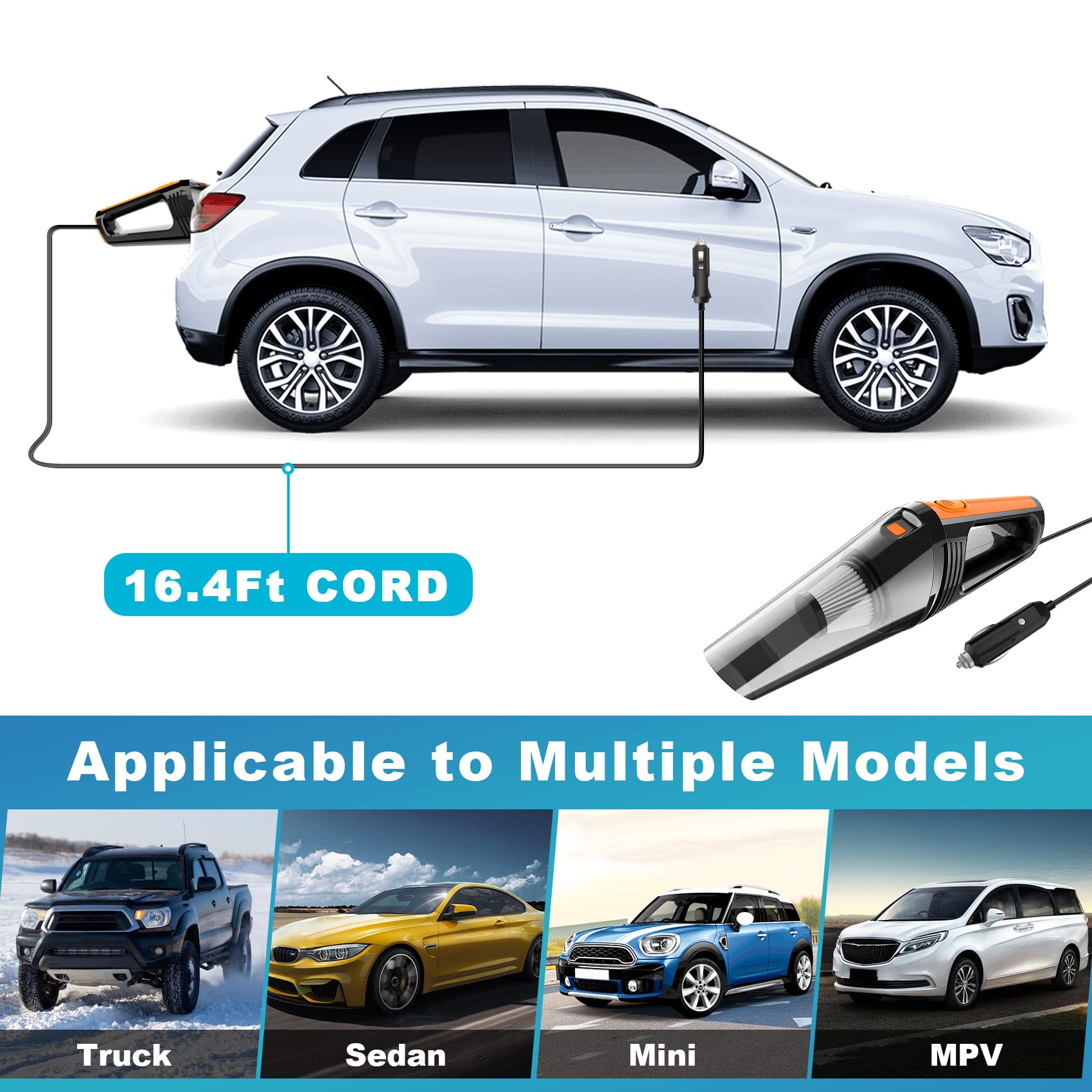 Powerful 8000Pa Portable Car Vacuum Cleaner - 12V Handheld Vacuum with LED Light & 16.4Ft Cord - Deep Cleaning Kit for Car Interior Detailing (Perfect for Cars, Trucks, SUVs & Home Use)