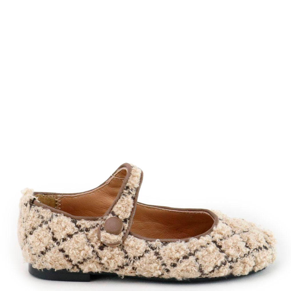 Papanatas Cream Checkered Shearling Mary Jane Shoes - Soft Faux Fur Lined Winter Booties for Women | Perfect for Cold Weather, Holiday Outfits & Casual Wear