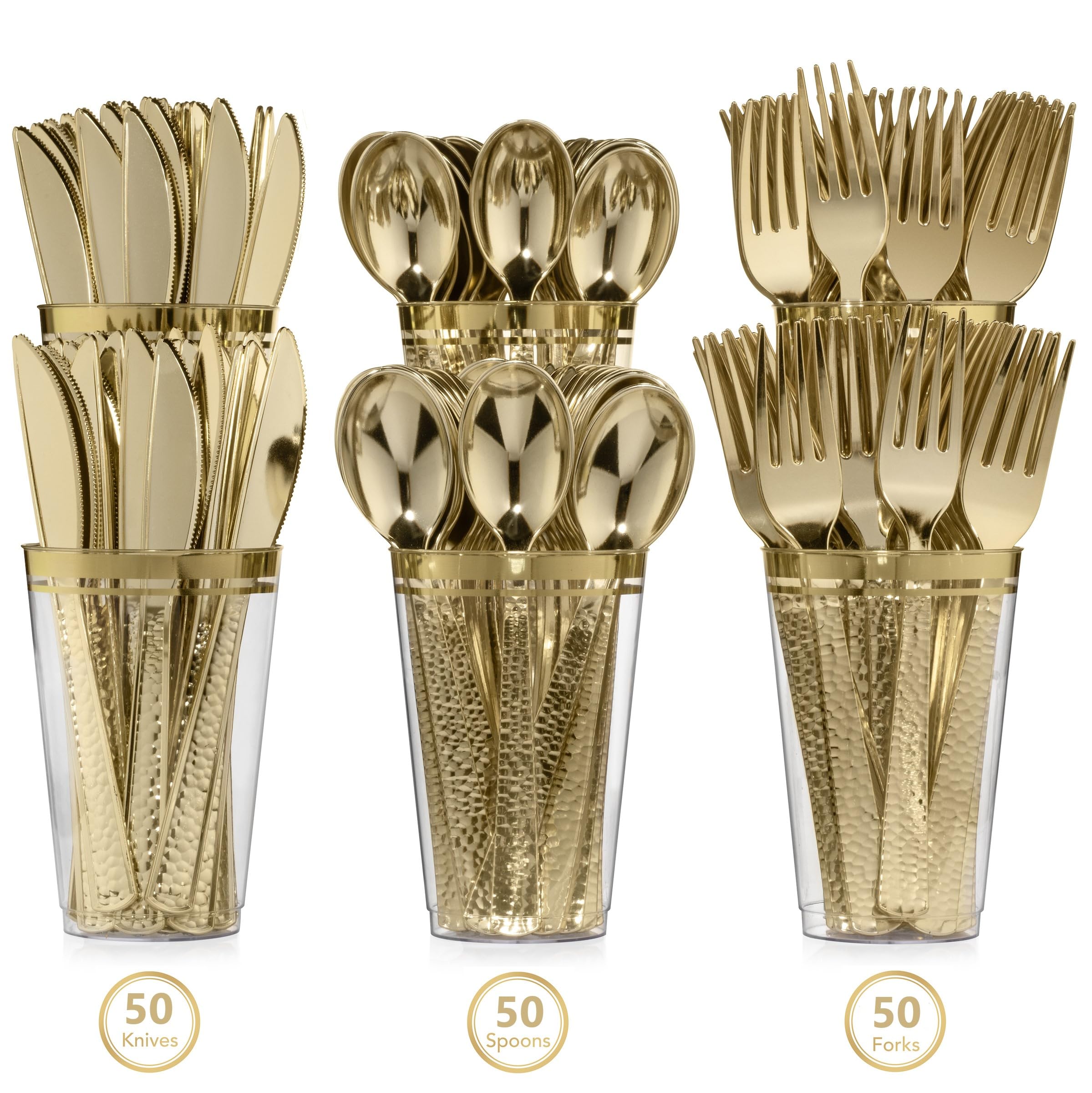 Premium 150-Piece Gold Plastic Silverware Set - Heavy Duty Gold Plastic Cutlery with Hammered Pebbled Finish (50 Forks, 50 Knives, 50 Spoons) - Elegant Disposable Utensils for Parties, Weddings, and Events